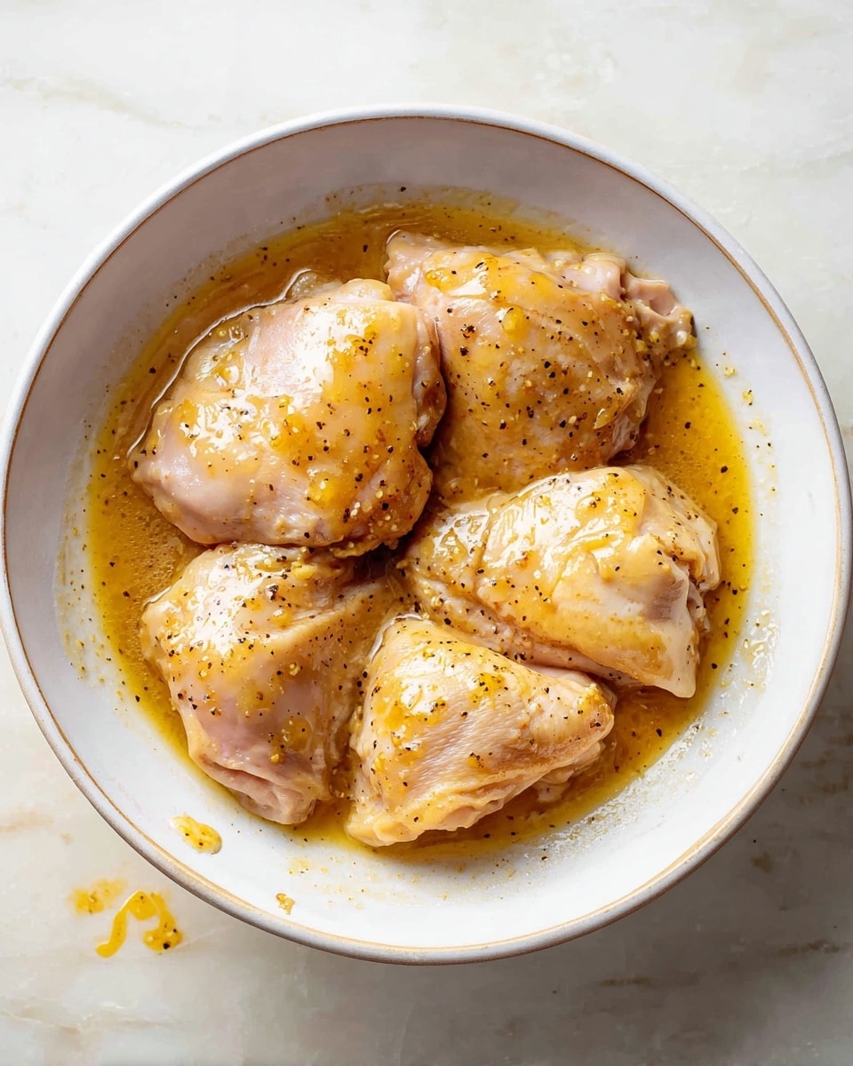 A white bowl holds five pieces of raw chicken thighs marinated in a light brown sauce with visible black pepper specks. The chicken has a smooth, shiny texture from the marinade, which pools slightly around the pieces. The bowl is placed on a white marbled surface, and there is a small spill of marinade outside the bowl near its bottom edge. photo taken with an iphone --ar 4:5 --v 7