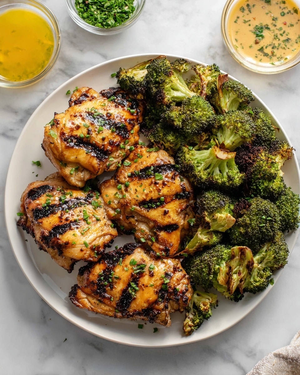 The dish shows a white plate filled with four pieces of grilled chicken thighs, each piece golden brown with dark grill marks and sprinkled with small green chopped herbs on top. Next to the chicken are many pieces of roasted broccoli, their texture slightly crispy with darker charred edges. In the background, there are two small glass bowls, one with a yellow sauce and chopped green herbs, and the other with a light tan sauce and some green herbs. The plate sits on a white marbled surface. photo taken with an iphone --ar 4:5 --v 7