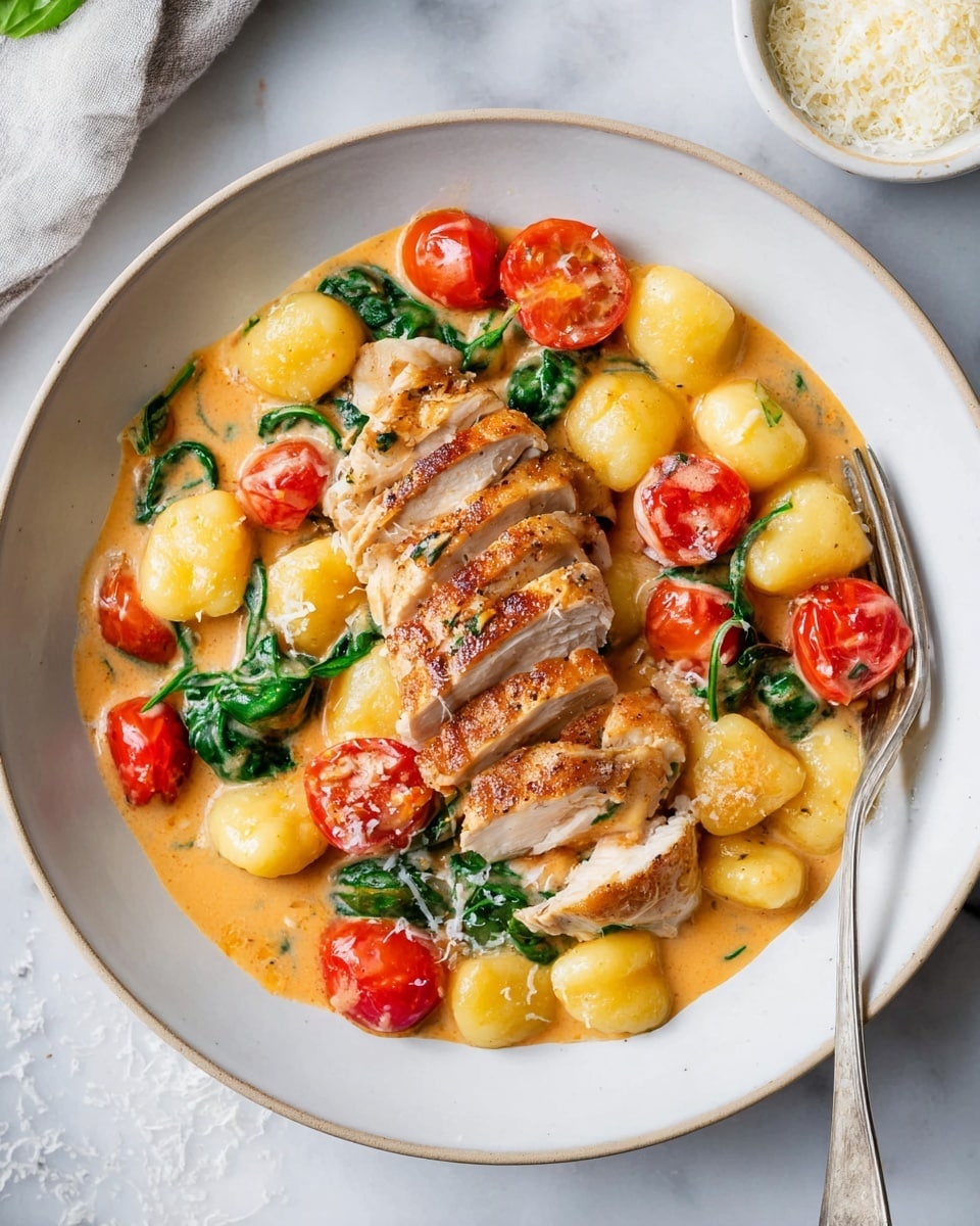 A white plate holds a dish with three main visible layers: at the bottom is a creamy orange sauce spread across the plate, mixed with small bright green spinach leaves and halved red cherry tomatoes scattered throughout. On top of the sauce, there are soft, plump, yellow gnocchi pieces evenly spread around. The top layer has sliced, golden-brown cooked chicken placed in the center, showing a tender interior and crispy outside. A silver fork rests on the edge of the plate, placed on a white marbled surface with a small bowl of grated cheese visible in the top right corner. Photo taken with an iphone --ar 4:5 --v 7