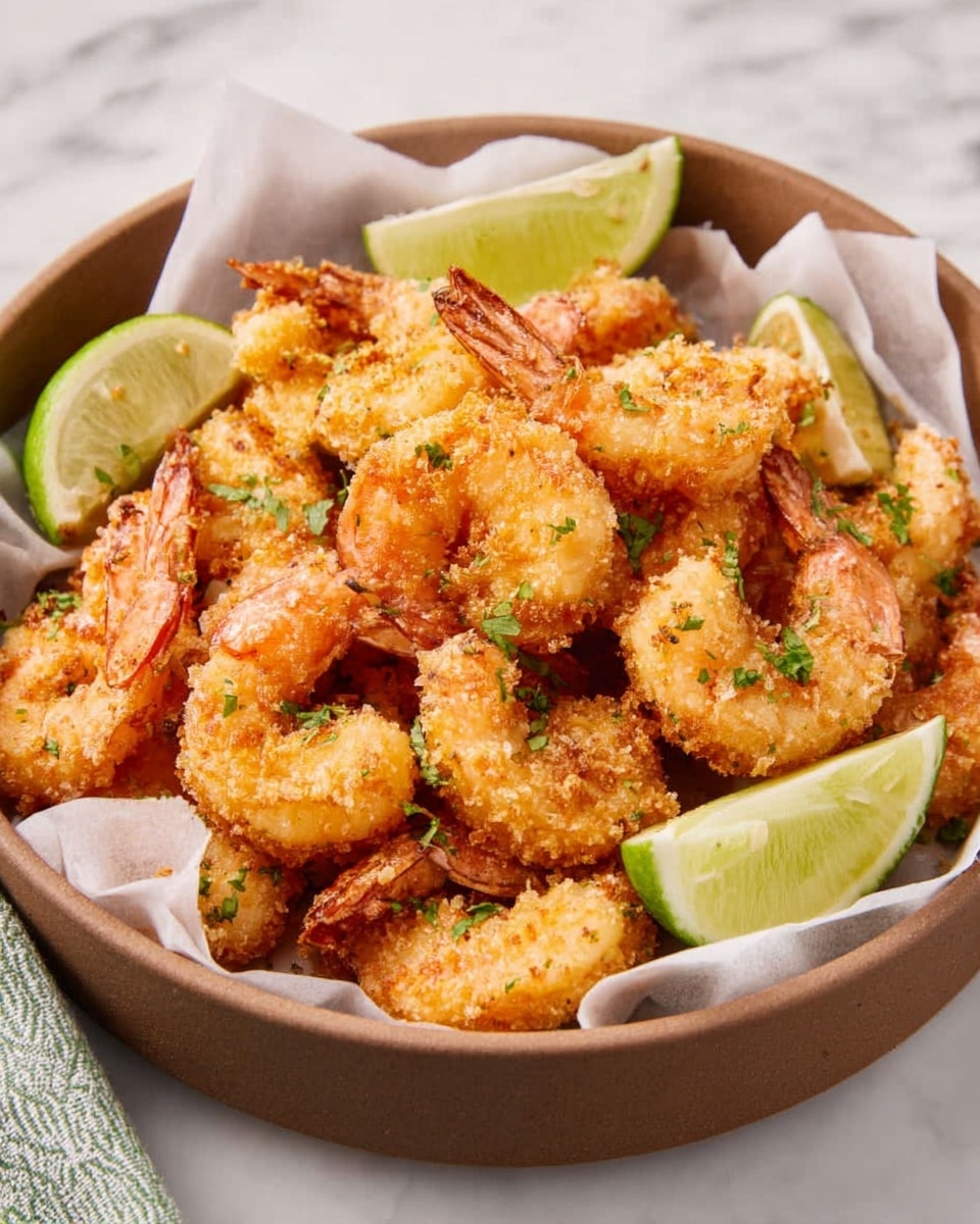 A brown bowl lined with white parchment paper holds a pile of golden fried shrimp, each shrimp showing a crunchy textured coating with pink tails sticking out. Light green lime wedges are scattered over the shrimp, and small green herb leaves are sprinkled on top for a fresh look. The bowl sits on a white marbled surface, adding an elegant touch to the scene. photo taken with an iphone --ar 4:5 --v 7