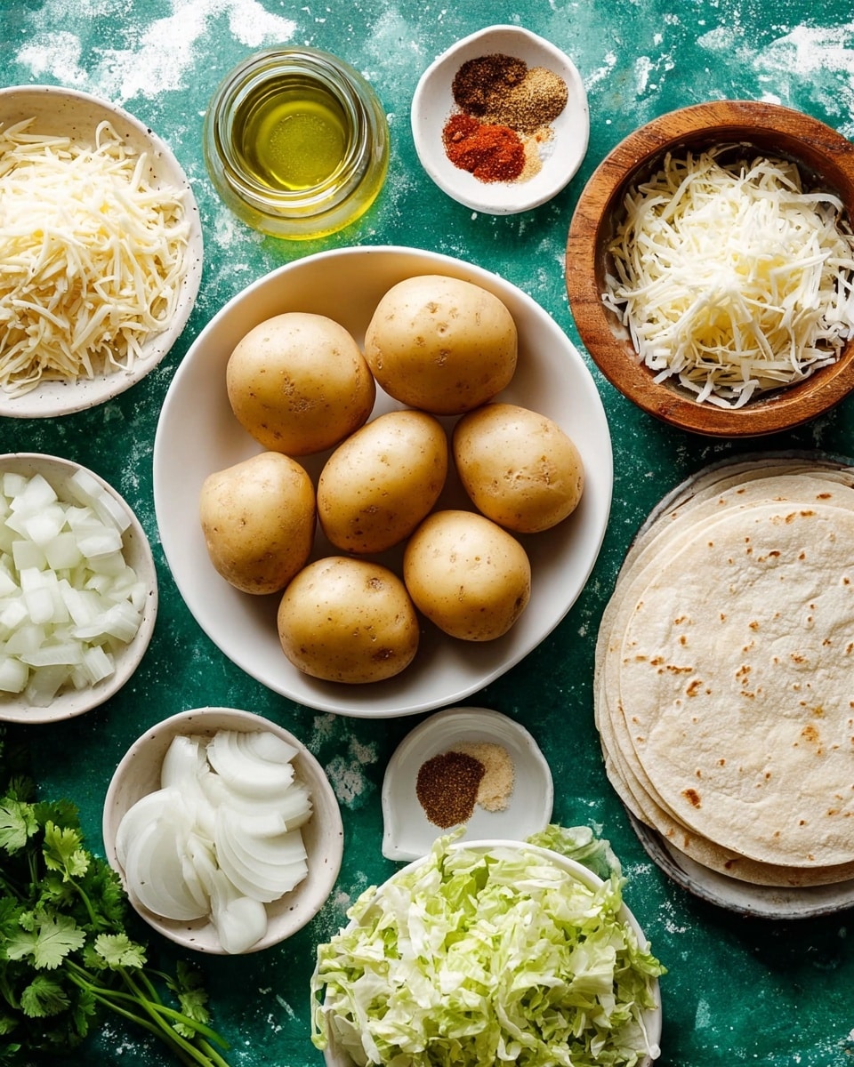 A white bowl in the center holds nine small, light brown potatoes with smooth skin. Surrounding it are several smaller white bowls: one with shredded white cheese, one with diced white onions, another with small white onion slices, and a small one with a pile of spices in red, brown, and green shades. There is a stack of white corn tortillas on the right side and a wooden bowl with light green shredded lettuce. Olive oil in a small white bowl and a glass jar of clear liquid sit nearby. Fresh cilantro leaves are scattered around, all placed on a green surface with a white marbled texture background. Photo taken with an iphone --ar 4:5 --v 7