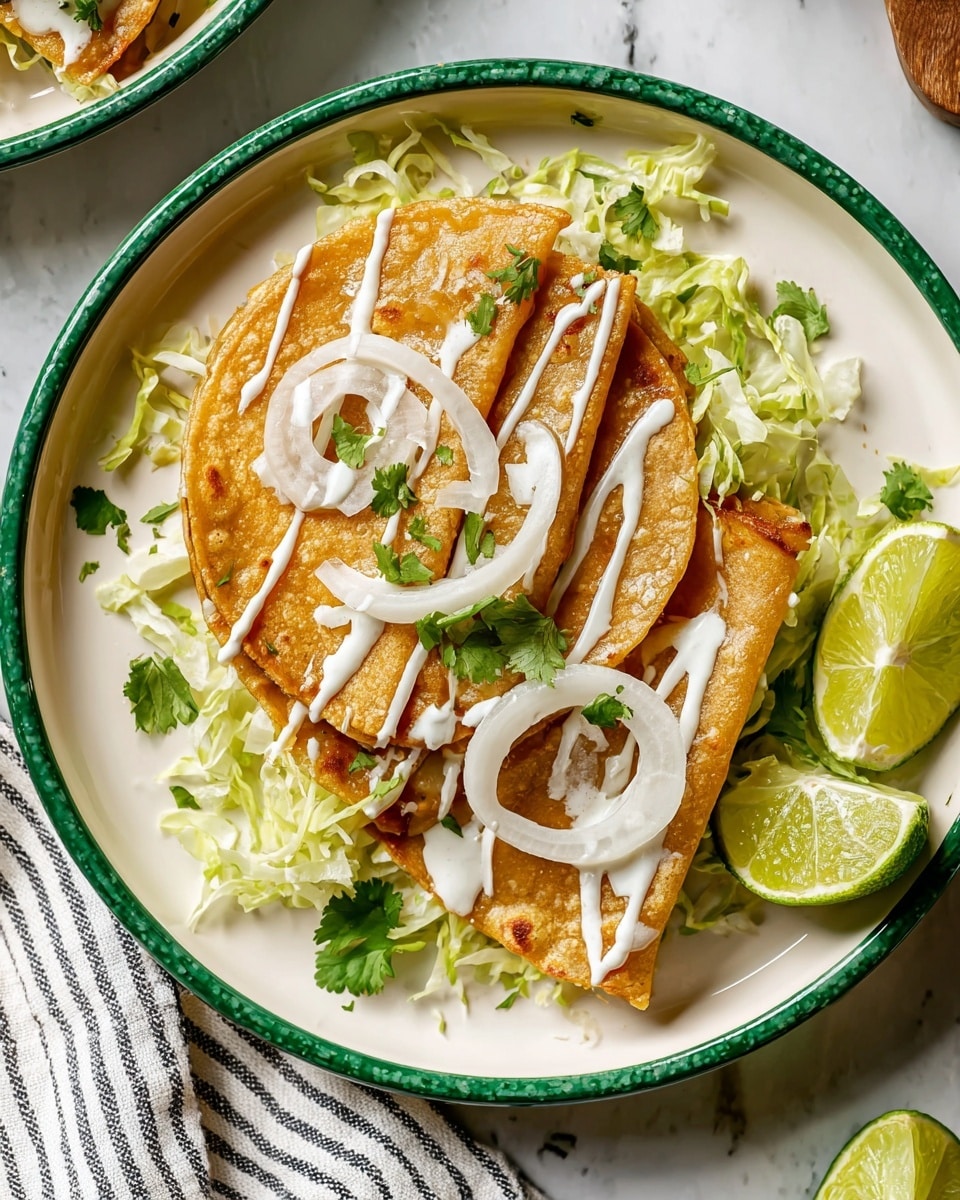 A white plate with a green rim holds three golden brown folded tortillas layered slightly on top of each other. On top of them are thin white onion rings and white drizzled sauce lines. The tortillas rest on a bed of light green shredded lettuce and are garnished with fresh green cilantro leaves. On the right side of the plate are two lime wedges. The plate is placed on a white marbled surface with a striped cloth partially visible at the bottom right. Photo taken with an iphone --ar 4:5 --v 7