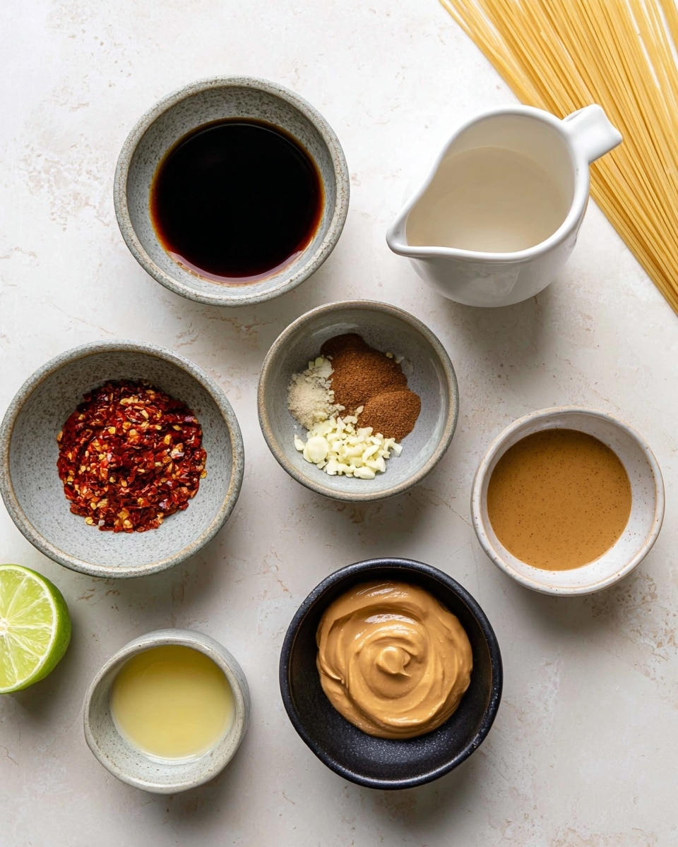 The image shows eight small bowls and containers laid out on a white marbled surface with some pasta sticks at the top left corner and half a lime at the bottom left. Starting from the top left and moving clockwise, there is a gray ceramic bowl with a dark brown liquid, a white ceramic pitcher with a white liquid, a gray bowl with minced garlic and red chili flakes, a black bowl with brown ground powder, a white bowl with a thick reddish-brown paste, a small gray bowl with a golden liquid, a white pitcher with a light yellow liquid, and finally a black bowl in the center containing a creamy light brown paste. The textures range from smooth liquids to powders and pastes, with a neat and organized arrangement. Photo taken with an iphone --ar 4:5 --v 7