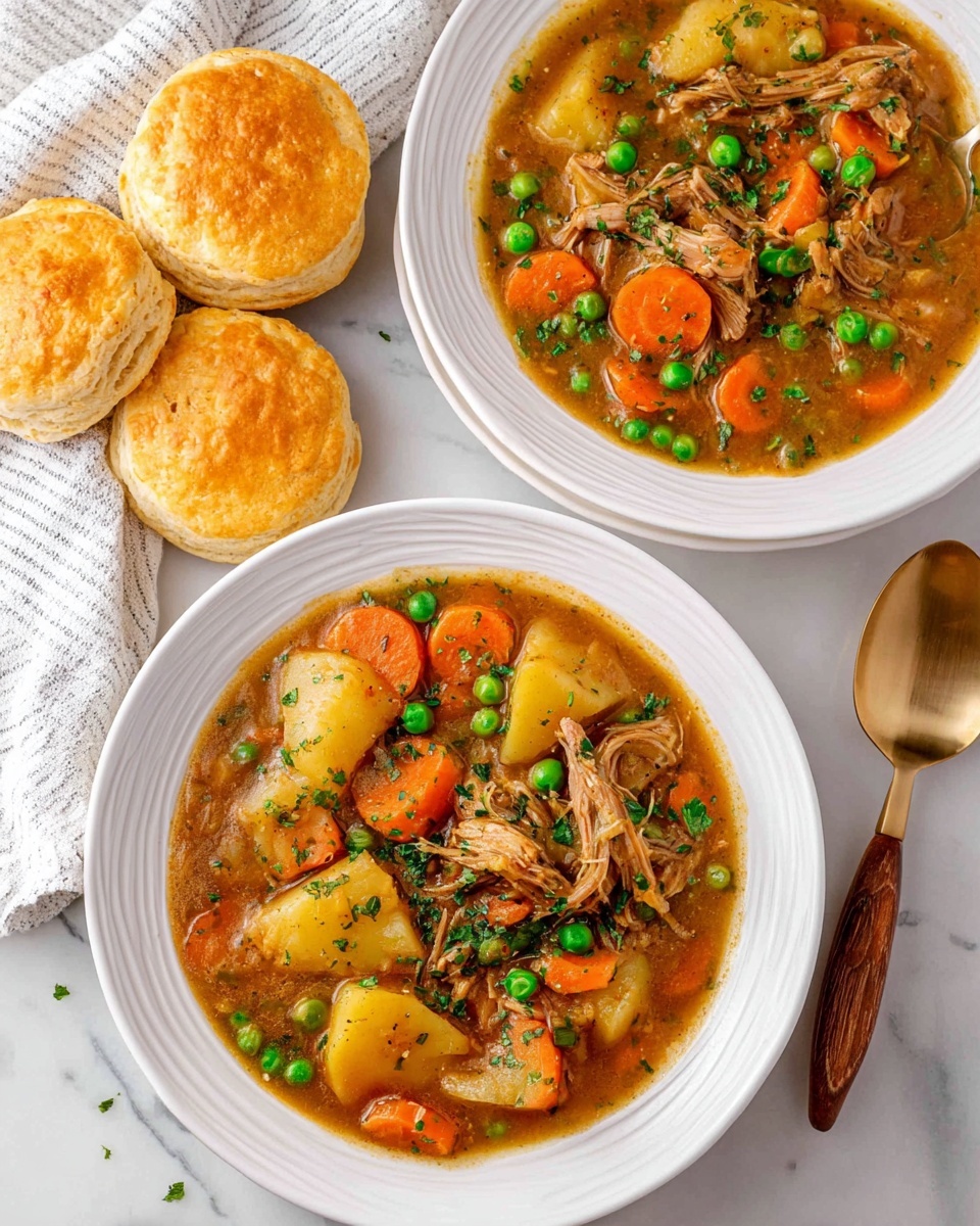 Slow Cooker Chicken Stew Recipe 6 Two white bowls filled with a thick stew containing light brown shredded meat, large light yellow potato chunks, bright orange carrot slices, and scattered green peas, all mixed in a warm brown broth and topped with chopped green herbs. The bowls have a raised swirl pattern around the edges. Surrounding the bowls are four golden brown flaky biscuits with a shiny crust, placed on a white marbled surface. A brown wooden rolling pin and a white and gray striped cloth are partially visible near one biscuit. Photo taken with an iphone --ar 4:5 --v 7