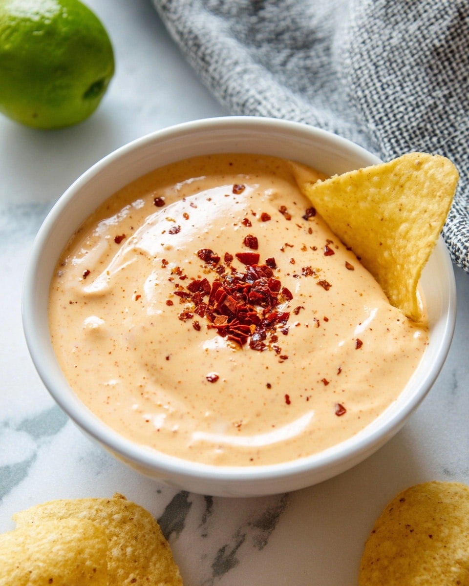 A white bowl filled with a creamy, light orange sauce with a smooth texture and some darker spicy flecks mixed inside. The sauce is topped with a small pile of red chili flakes in the center. One light yellow chip is dipped into the sauce, standing on the edge of the bowl, with two more chips lying on a white marbled surface around the bowl. A green lime is visible in the background along with a textured gray cloth, all on a white marbled surface. photo taken with an iphone --ar 4:5 --v 7