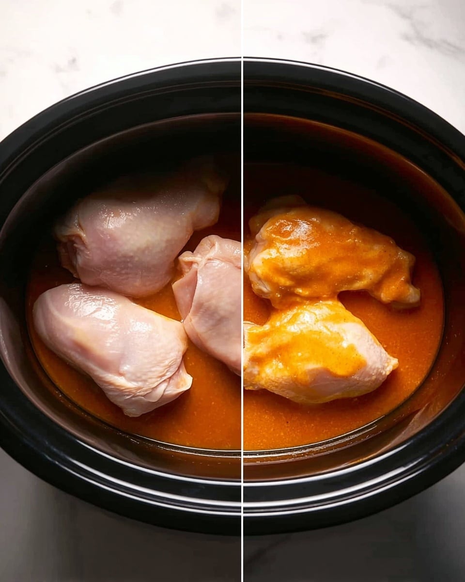 The image shows two stages of preparing chicken in a black slow cooker with a simple white marbled surface beneath. On the left side, three raw chicken pieces with a smooth, pale pink texture are placed inside the cooker, arranged close to each other in one layer. On the right side, the same chicken pieces are coated with a shiny, rich orange sauce that covers them evenly, with the sauce filling the base around the chicken. The colors contrast between the pale chicken and the vibrant sauce, highlighting the cooking process. Photo taken with an iphone --ar 4:5 --v 7