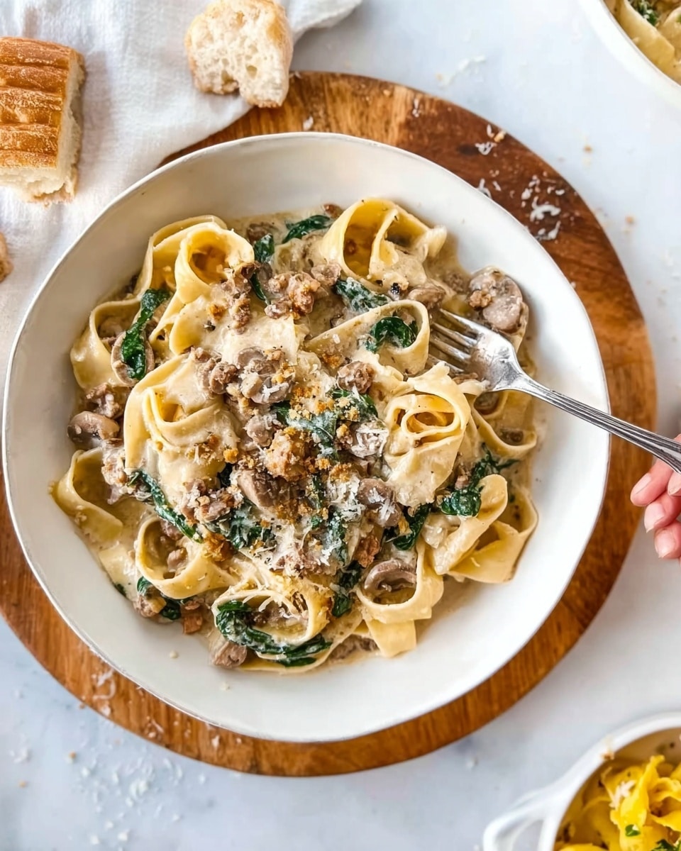 A white bowl filled with wide, flat pasta ribbons layered with a creamy sauce mixed with pieces of ground meat and sliced mushrooms, along with bits of green spinach scattered throughout. The dish is topped with a sprinkling of grated cheese and small crumbs. The bowl sits on a wooden board placed on a white marbled surface. A silver fork rests inside the bowl with a woman's hand holding it from the left side. Some torn pieces of bread are on the top left corner of the image, and the corner of another white dish with yellow food is visible at the top right. photo taken with an iphone --ar 4:5 --v 7