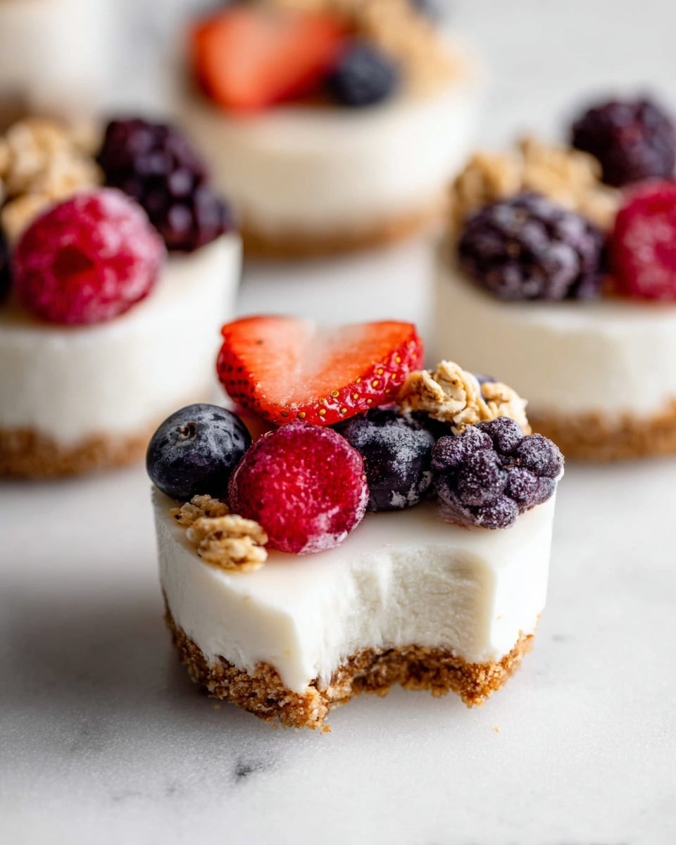 These frozen mini cheesecakes have three layers and are shown close up on a white marbled surface. The bottom layer is a brown crumbly crust. The middle layer is thick, smooth, and white cheesecake that fills most of the mini cheesecake height. The top layer features fresh berries and granola: bright red raspberries, dark purple blackberries, deep blue blueberries, and a slice of red strawberry with tiny seeds visible. The berries and granola pieces are sprinkled unevenly on top, with one cheesecake having a bite taken out, showing the inside texture. Photo taken with an iphone --ar 4:5 --v 7