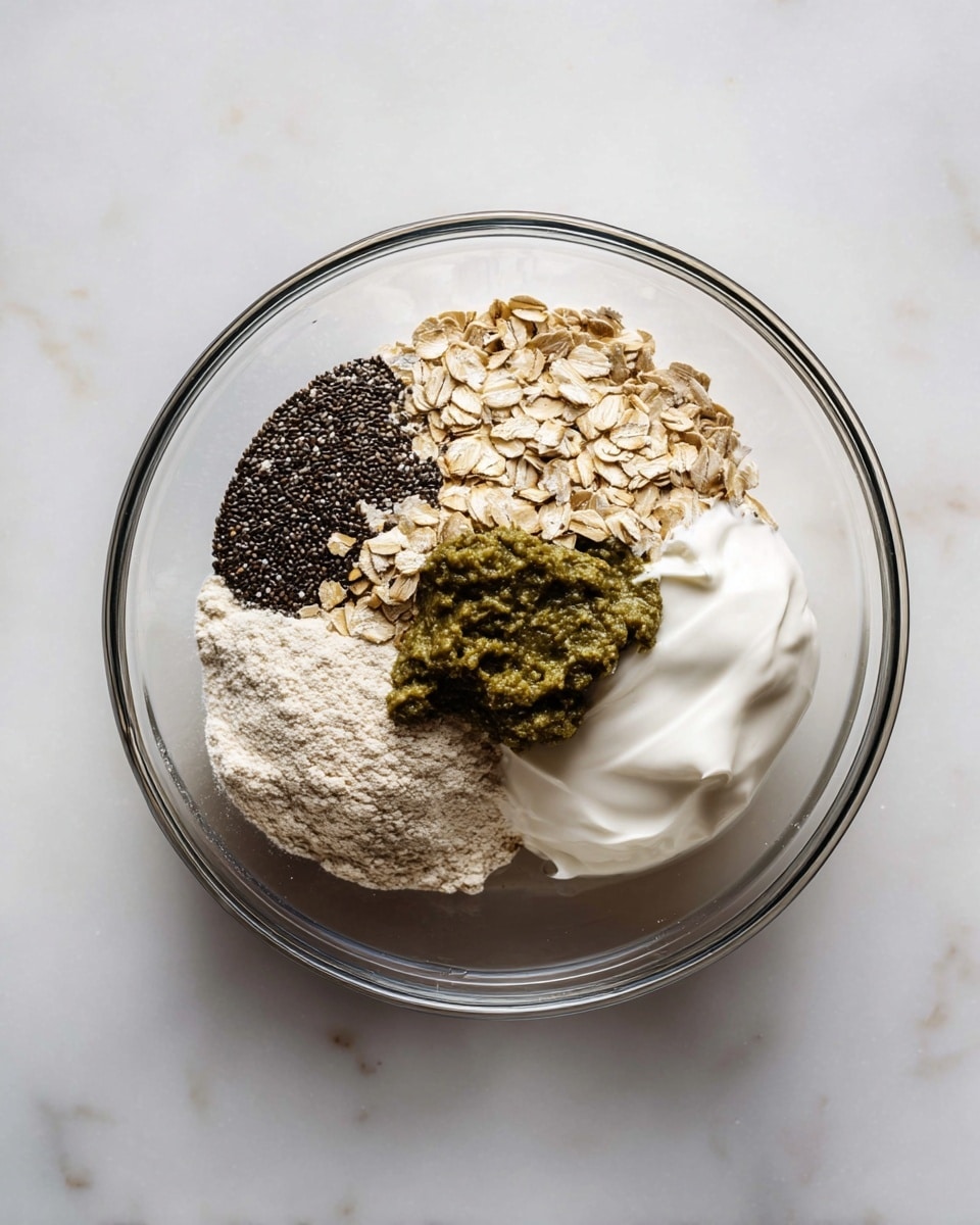 A clear glass bowl holds five separate layers of ingredients, all placed on a white marbled surface. The first layer is dark small chia seeds positioned on the left top side, next to them on the right is a rough-textured beige rolled oats layer. Below the chia seeds to the left is a light beige powdery flour layer. In the middle right above the flour is a dollop of dark green paste with a slightly smooth and sticky texture. Lastly, a bright white creamy thick layer sits in the bottom right corner touching the green paste and oats. photo taken with an iphone --ar 4:5 --v 7