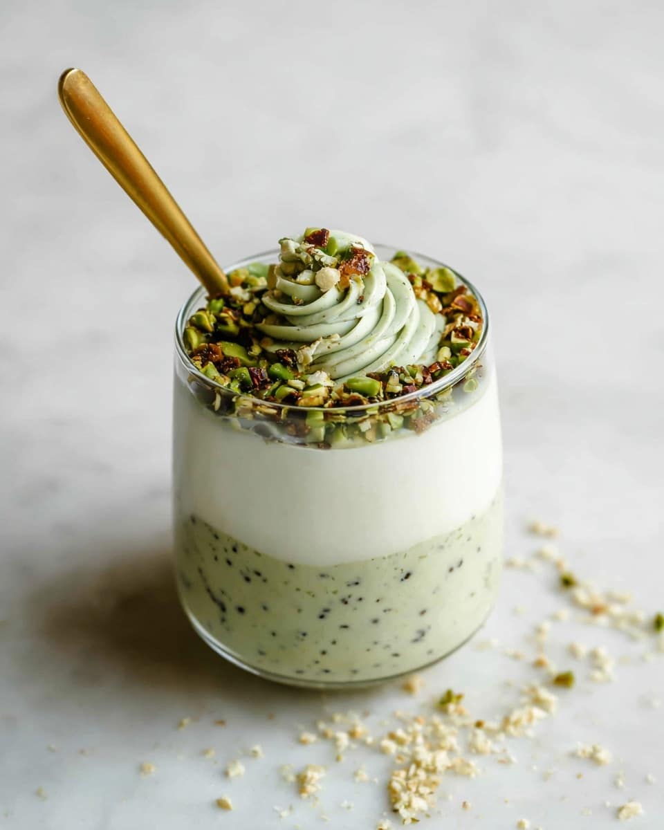 A clear glass filled with three distinct layers: the bottom layer is a light green creamy mixture with small dark seeds, the middle layer is a smooth white cream, and the top layer is a swirl of pale green cream garnished with a ring of crushed nuts, mostly green with some brown pieces. A gold spoon is placed inside the glass on the left side, resting against the top layer. The glass sits on a white marbled surface with some crushed nuts scattered around. photo taken with an iphone --ar 4:5 --v 7