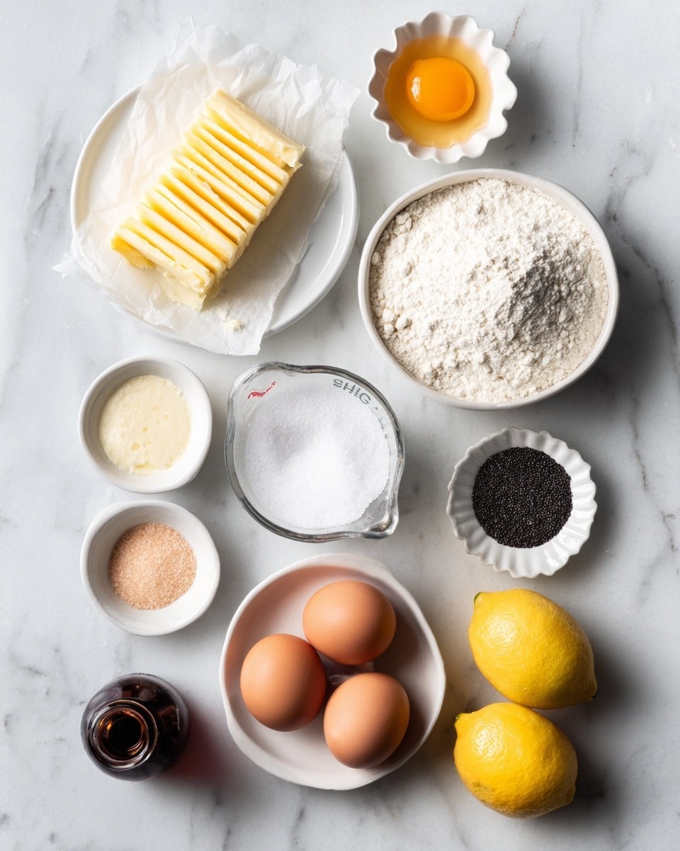 The image shows cooking ingredients arranged on a white marbled surface. There are three brown eggs in a white bowl positioned near the center right. To the left of the eggs, there is a white plate holding a stick of butter cut into six thick slices, resting on paper. Above the plate, a large white bowl is filled with flour. To the right of this bowl, a clear glass measuring cup contains more flour, with some spilled on the surface. A small white scalloped bowl holds a raw egg yolk at the top right. Below the butter plate, a white round bowl contains granulated white sugar. Next to it, a small white scalloped bowl has black poppy seeds. In the bottom left corner, a small white cup holds light brown sugar. On the bottom right, two halved bright yellow lemons lie flat on the surface. A small dark brown bottle is near the top left. The setup is well-lit with soft shadows and clean, neat placement. Photo taken with an iphone --ar 4:5 --v 7