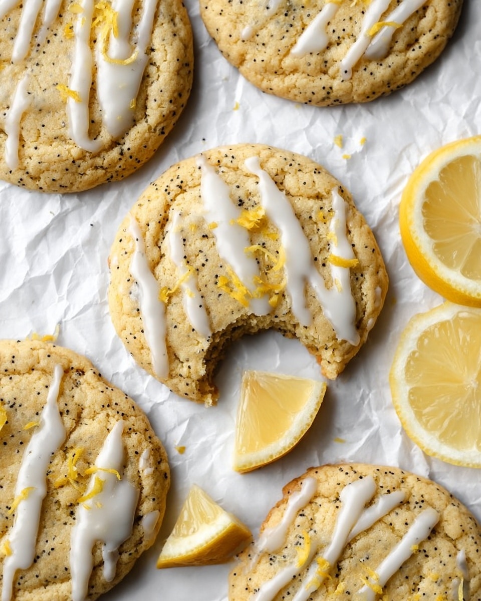 The image shows several soft lemon poppy seed cookies with a light golden color and a slightly rough texture dotted with small black poppy seeds. Each cookie is drizzled with thin white icing in irregular lines. One cookie in the center has a bite taken out of it, revealing a soft, slightly crumbly inside. Bright yellow lemon zest is sprinkled on the top of the bitten cookie, adding color and texture. Around the cookies are two lemon wedges with a shiny, juicy look. All the cookies and lemons are placed on crumpled white parchment paper, which rests on a white marbled surface. photo taken with an iphone --ar 4:5 --v 7