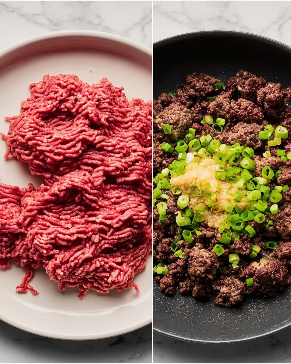 The image shows two side-by-side photos. On the left, there is a white plate with raw ground meat spread loosely, showing a deep pink to red color with a soft, stringy texture. On the right, there is a black pan with cooked dark brown ground meat broken into small chunks, topped with a heap of chopped green onions, a dollop of light yellow mustard or sauce, and small bits of minced garlic, all sitting on top of the meat. The background is a white marbled texture. photo taken with an iphone --ar 4:5 --v 7