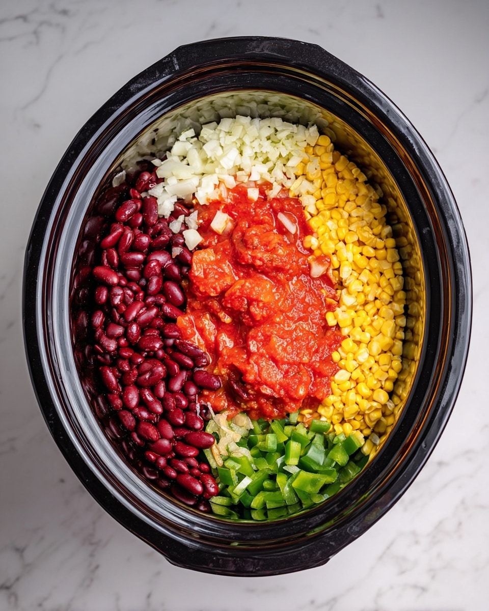 Inside a black slow cooker, there are six distinct layers of ingredients. At the very bottom and mostly covered by others is a dark layer of black beans. On the bottom left side, there is a pile of deep red kidney beans with a smooth, shiny texture. Above the beans, toward the center left, is a bright red chunky layer of diced tomatoes. On top of the tomatoes near the center, there is a small mound of finely chopped white garlic. To the top right of the garlic is a layer of light, roughly chopped onions. Covering the right half of the cooker vertically, there is a large yellow layer of corn kernels. At the bottom right side, touching the corn, is a pile of chopped green bell peppers. The slow cooker is set on a white marbled surface. Photo taken with an iphone --ar 4:5 --v 7