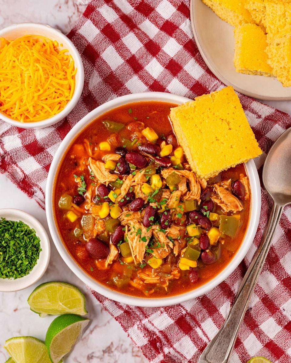 The image shows a white bowl filled with chili that has three clear layers: a red-orange broth base, chunks of shredded chicken mixed with dark red kidney beans, yellow corn, chopped green bell peppers, onions, and tomatoes spread evenly throughout, topped with a sprinkle of chopped green herbs. Two square pieces of golden cornbread rest on the edge of the bowl. The bowl sits on a red and white checkered cloth on a white marbled surface. To the side are small white bowls containing shredded yellow cheese and chopped green herbs, with two spoons nearby and two lime wedges placed on the surface. There is also a white plate holding more pieces of cornbread in the upper right corner. Photo taken with an iphone --ar 4:5 --v 7