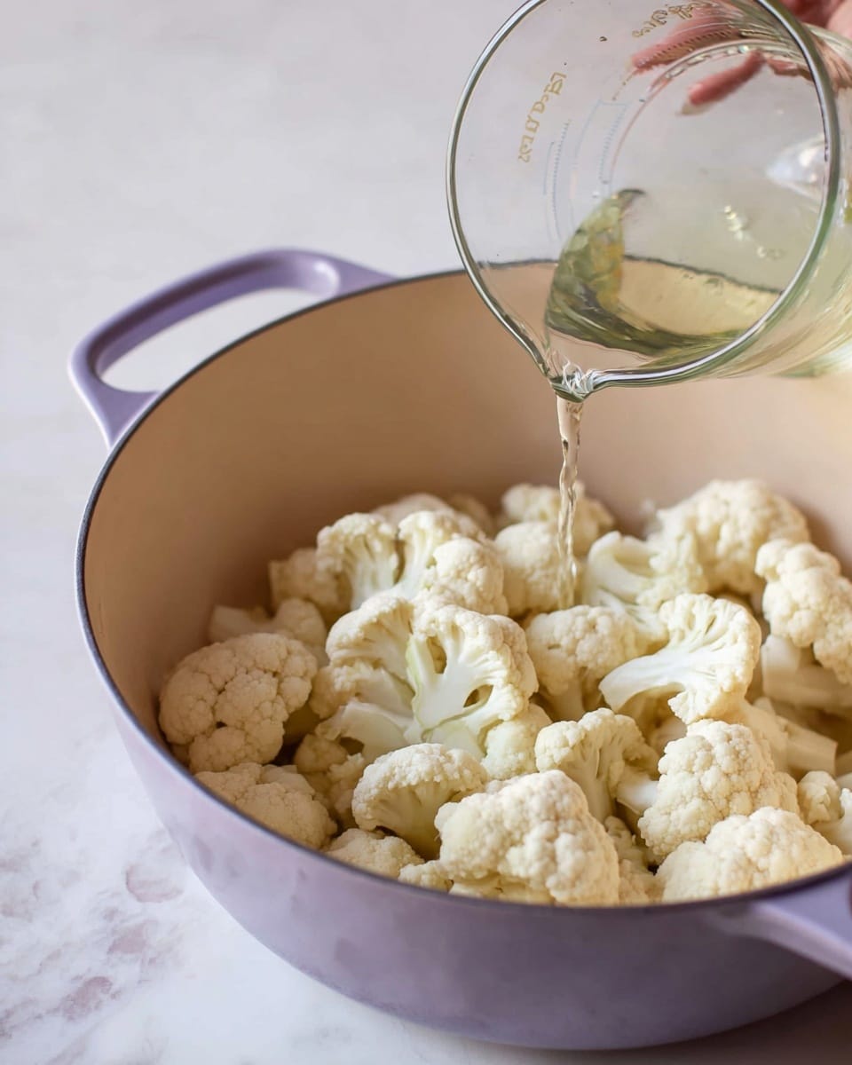 The image shows a light purple pot with a beige inside filled with white cauliflower florets. The florets have a firm texture and are spread evenly across the bottom of the pot. A clear glass measuring cup, held by a woman’s hand, is pouring a clear liquid over the cauliflower. The background surface is a white marbled texture. photo taken with an iphone --ar 4:5 --v 7