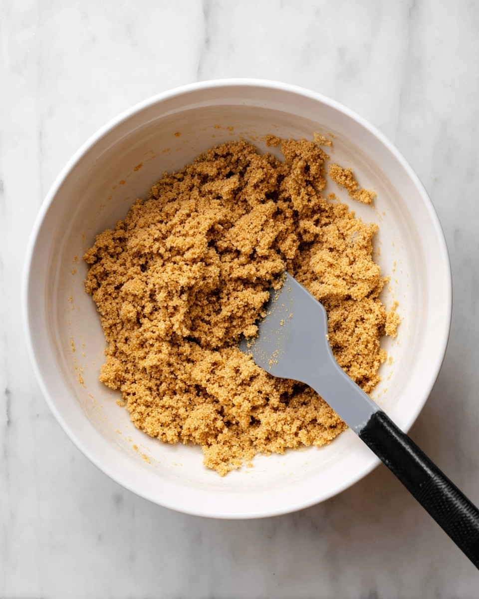A white bowl sits on a white marbled surface holding a single layer of light brown crumbly mixture with a rough texture. A gray spatula with a black handle is placed inside the bowl on the right side, touching and slightly pushing into the mixture. The mixture looks soft and uneven with small clumps scattered throughout. The scene is well-lit and clean. photo taken with an iphone --ar 4:5 --v 7