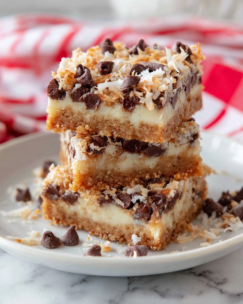 The image shows a stack of three dessert bars on a white plate. Each bar has three clear layers: the bottom layer is a thick, crumbly golden-brown crust; the middle layer is creamy white with melted chocolate chips; the top layer is a mix of toasted shredded coconut and more chocolate chips, giving a textured look with both light brown and dark brown spots. Some crumbs are scattered around the plate, and a red and white striped cloth is softly blurred in the background on a white marbled surface. Photo taken with an iphone --ar 4:5 --v 7