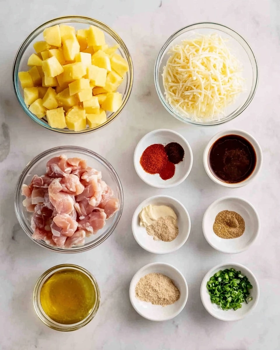The image shows several clear glass bowls with different ingredients arranged neatly on a white marbled surface. In the center left, there is a large bowl with yellow cubed potatoes, and below it, a bowl with raw pink chicken pieces. To the right of these bowls, there is another medium bowl filled with shredded white cheese. Above these, five small white bowls hold various powders and pastes, including a dark brown sauce, red seasoning, and light beige powder. To the right of these, four more small white bowls contain a golden liquid, chopped fresh green herbs, a beige paste, and a light brown spice. The scene is well lit and focused, showing clear textures of each ingredient. Photo taken with an iphone --ar 4:5 --v 7