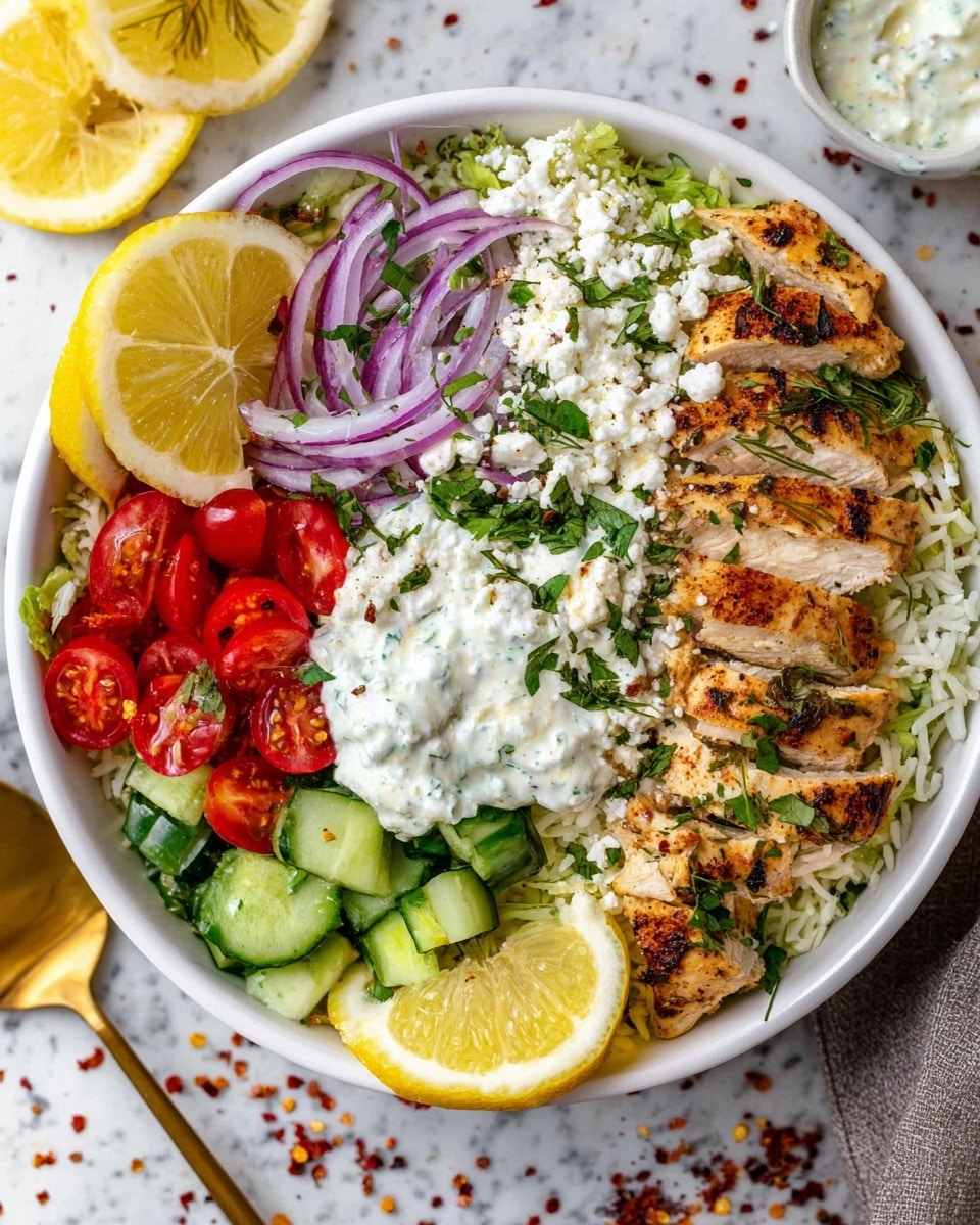 A white bowl holds a colorful layered dish starting with a base of shredded green lettuce topped with a bed of white rice. On the right side, there are evenly sliced grilled chicken pieces with golden brown grill marks. Above the chicken is a sprinkle of white crumbly cheese and chopped green herbs. Next to the chicken, bright green cucumber chunks rest beside thinly sliced purple onions mixed with more cheese and herbs. On the left side of the bowl, bright red halved cherry tomatoes sit next to a dollop of creamy white sauce with green herb flecks. Two lemon wedges are placed at the front of the bowl, adding a pop of yellow. The background is a white marbled texture with scattered red pepper flakes, and a gold spoon lies on the right side of the bowl. Photo taken with an iphone --ar 4:5 --v 7