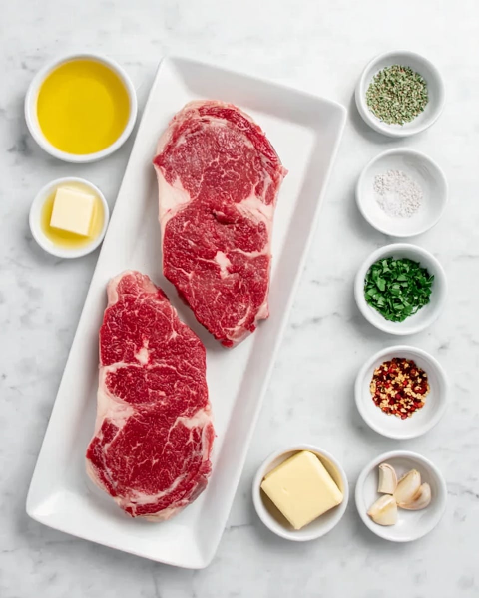 Two raw red steaks with white marbling are placed side by side on a long white rectangular plate in the center. Around the plate, there are seven small white round dishes arranged in a semi-circle on a white marbled surface. Each dish holds different ingredients: bright yellow oil on the top left, a small pat of pale yellow butter at the top right, green chopped herbs at the middle right, coarse white salt at the middle bottom right, light brown garlic cloves at the center bottom, ground black pepper on the bottom left, and red chili flakes at the middle left. The overall look is clean and well organized with a bright, natural light. Photo taken with an iphone --ar 4:5 --v 7