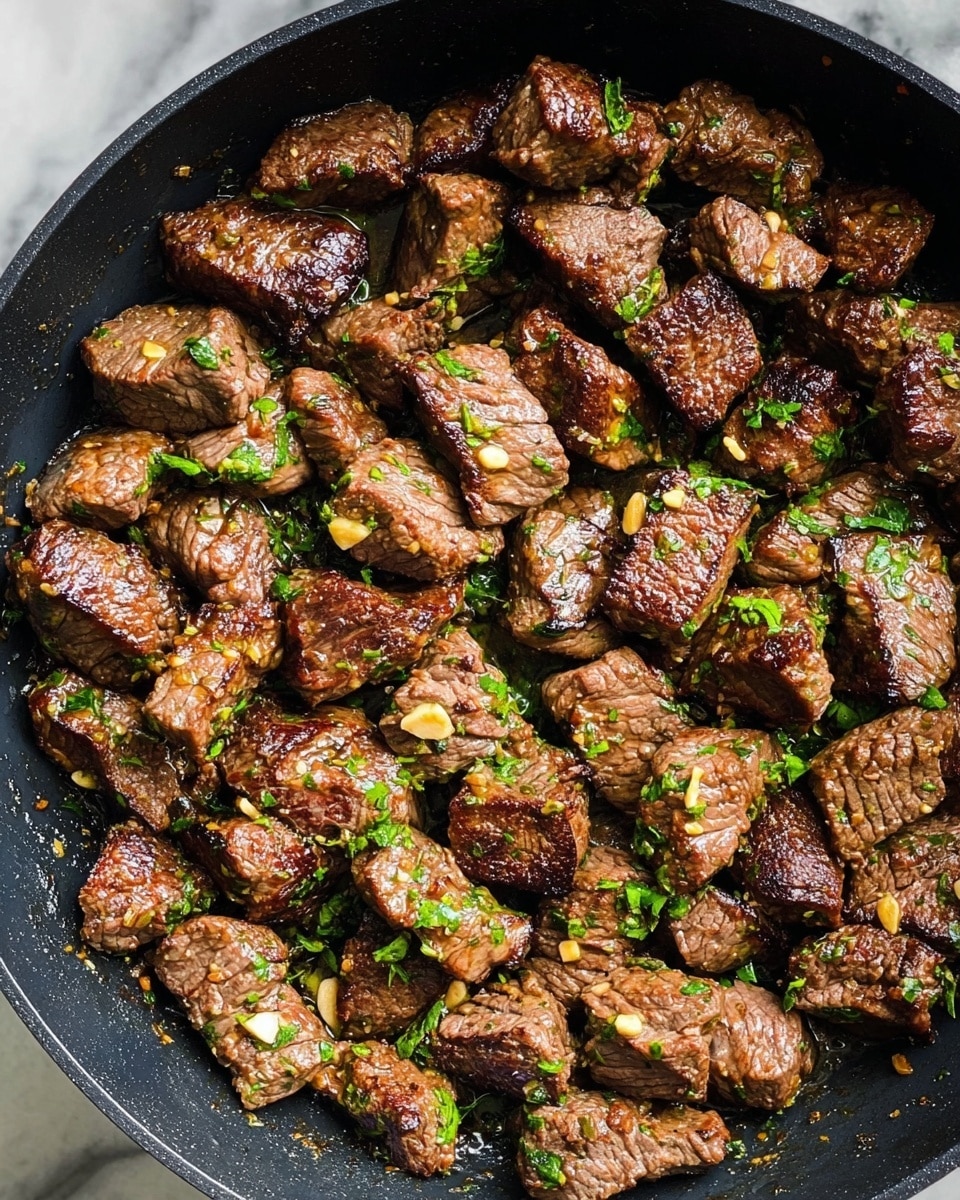 The image shows a black pan filled with many small pieces of cooked beef, each piece browned on the outside with slight charring and a juicy texture. The beef is sprinkled with small bits of green herbs, likely parsley, and some light golden garlic or seasoning bits scattered throughout. The background is a white marbled texture surrounding the pan. photo taken with an iphone --ar 4:5 --v 7