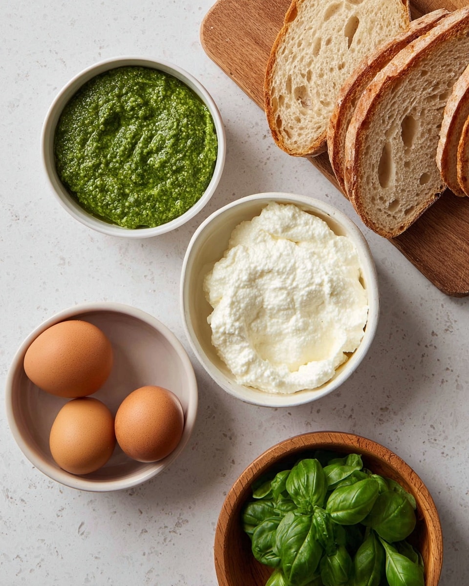 The image shows four white bowls and a white marbled surface. The top right bowl holds a creamy, white ricotta cheese with a soft, fluffy texture. To its left, a small white bowl contains a bright green pesto sauce with a slightly chunky texture. Below the pesto, another white bowl holds three smooth brown eggs. On the bottom right, a small wooden bowl shows fresh green basil leaves with a glossy surface. In the top right corner, there is a wooden board with several slices of light brown bread, each slice showing a porous texture with air pockets. photo taken with an iphone --ar 4:5 --v 7
