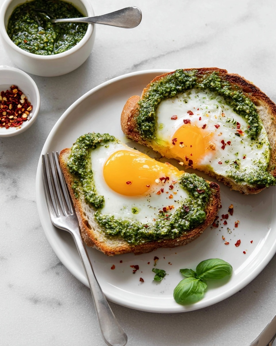 The dish shows two slices of toasted bread on a white plate, each topped with a fried egg with bright yellow yolks. Surrounding the eggs and spread on the bread is a layer of green pesto sauce with a slightly chunky texture. Small red chili flakes are sprinkled lightly on top of the eggs and pesto. A silver fork rests on the plate beside the toast. Nearby, a small white bowl holds extra green pesto with a spoon inside it, and another small white bowl contains red chili flakes. The surface under the plate is a white marbled texture with a fresh basil leaf placed near the plate. Photo taken with an iphone --ar 4:5 --v 7