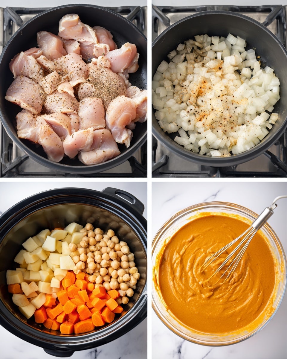 The first image shows a black pan filled with raw, pale pink chicken pieces with some white fat, sprinkled lightly with black pepper, placed on a stove with a dark grate. The second image displays the same black pan now filled with small, white chopped onion pieces with slight yellow patches, also on the stove. The third image has a black slow cooker filled with four layers of ingredients: at the bottom left, light beige chickpeas, next to them to the right are light yellow cubed potatoes, above the potatoes are orange carrot slices, and to the right are cooked chicken pieces, all lightly seasoned. The fourth image shows a clear glass bowl filled with a thick, smooth orange sauce with thin swirls made by a metal whisk partially dipped inside. All items are viewed against a white marbled background photo taken with an iphone --ar 4:5 --v 7