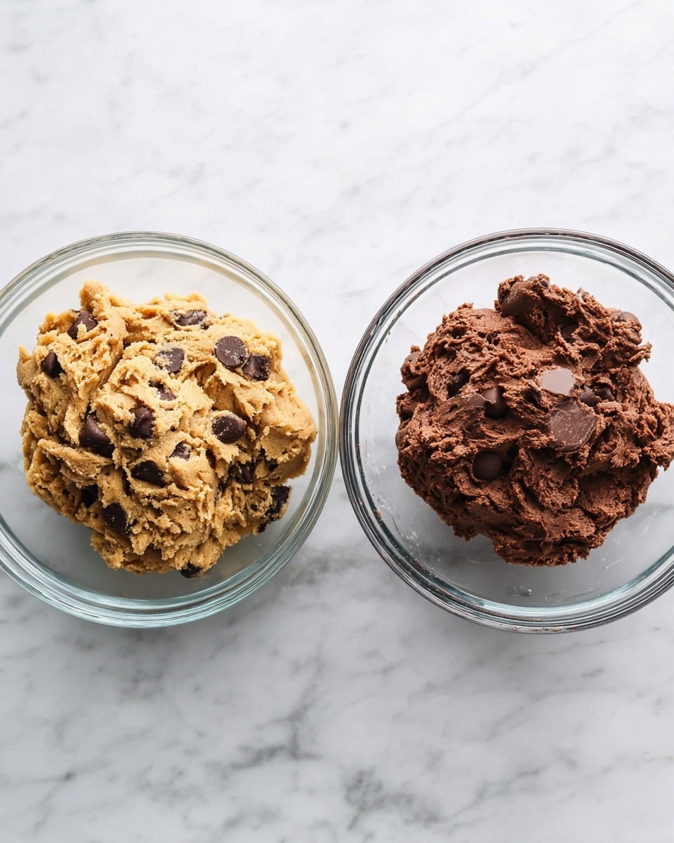 Two clear glass bowls sit side by side on a white marbled surface, each holding a different cookie dough. The bowl on the left contains a light brown dough mixed with dark chocolate chips, showing a rough but firm texture. The bowl on the right holds a darker chocolate dough with chocolate chunks embedded inside, its texture thicker and more compact than the dough on the left. Both doughs form uneven mounds in the center of each bowl. photo taken with an iphone --ar 4:5 --v 7