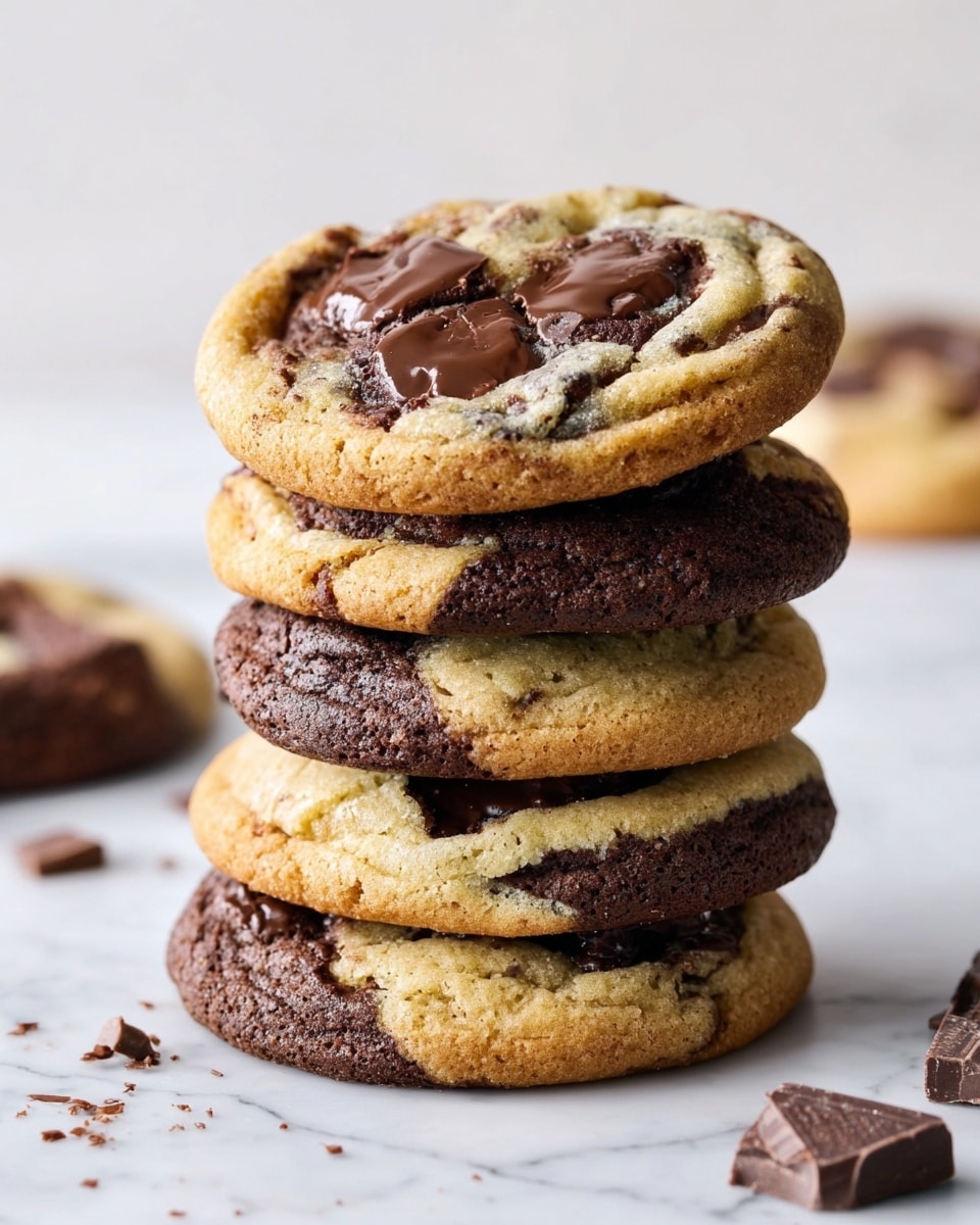 A stack of five thick, round cookies with a mix of light golden and dark brown swirled dough, each showing large, glossy, melted dark chocolate chunks on the surface. The cookies have a slightly rough texture with some cracks, and the chocolate pieces appear rich and soft. The stack is placed on a white marbled surface with a few chocolate pieces scattered around, and the background is soft and light, focusing on the cookies. photo taken with an iphone --ar 4:5 --v 7