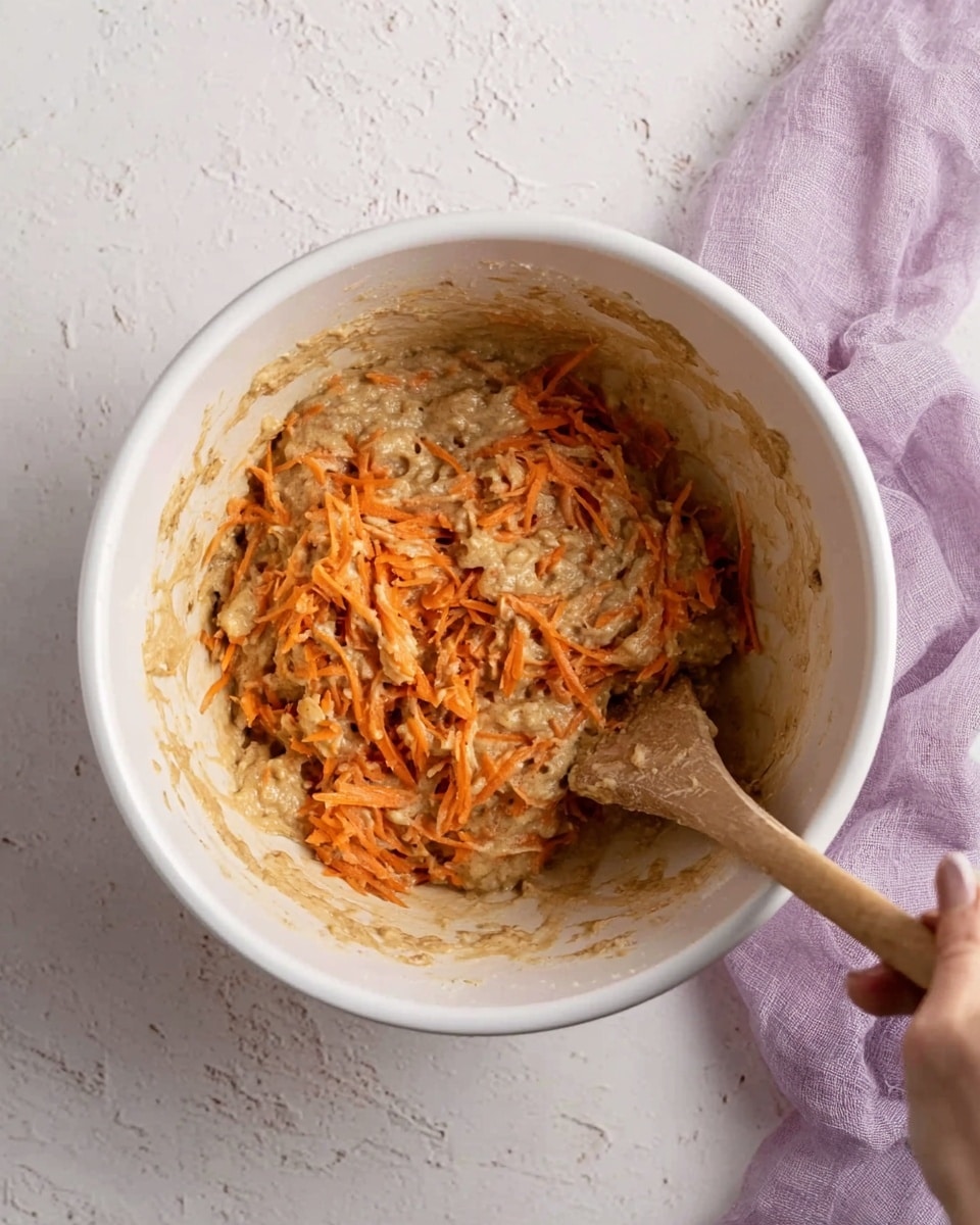 A white mixing bowl contains a thick beige batter with visible small bits, mixed with bright orange shredded carrot pieces spread within the mixture. A wooden spoon is partially dipped in the batter, stirring the ingredients together. A woman's hand holds the handle of the spoon. The bowl sits on a white marbled textured surface with a soft, light purple cloth partially visible in the top right corner. photo taken with an iphone --ar 4:5 --v 7