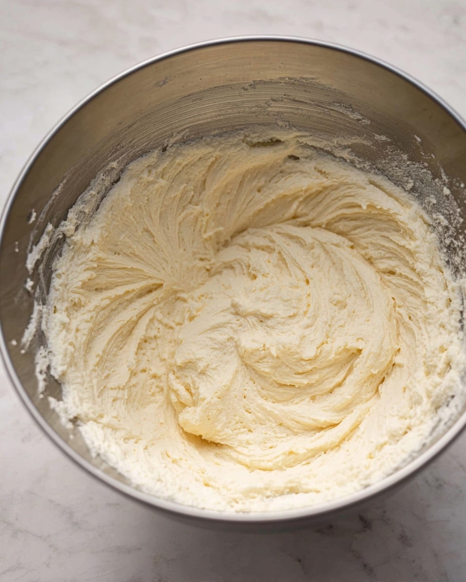 The image shows a silver metal mixing bowl filled with a fluffy, creamy, pale yellow mixture. The mixture has a soft, whipped texture with small ridges and swirls created by stirring, mostly concentrated in the center and around the edges of the bowl. The bowl sits on a white marbled surface, and the texture of the mixture looks light and smooth, spread evenly inside the bowl with some traces clinging to the sides. photo taken with an iphone --ar 4:5 --v 7
