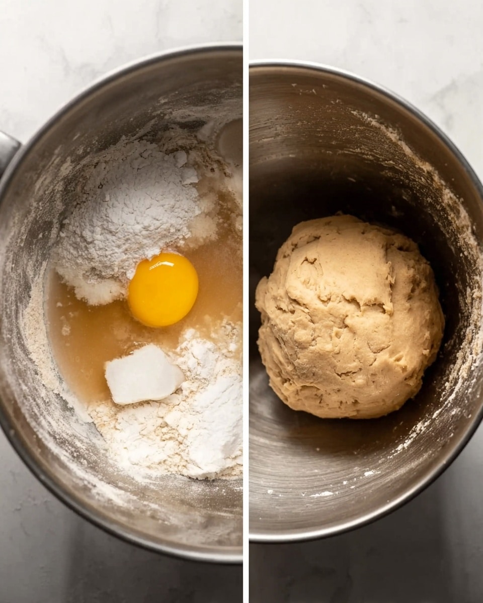 The image shows two side-by-side photos inside a metal mixing bowl on a white marbled surface. On the left, there are raw ingredients like a whole egg with a bright yellow yolk, white flour piles, a white creamy substance, and a brownish liquid. On the right, the same bowl holds a smooth ball of light brown dough, slightly crumbly but nicely formed, sitting in the center with some flour dust on the bowl sides. photo taken with an iphone --ar 4:5 --v 7