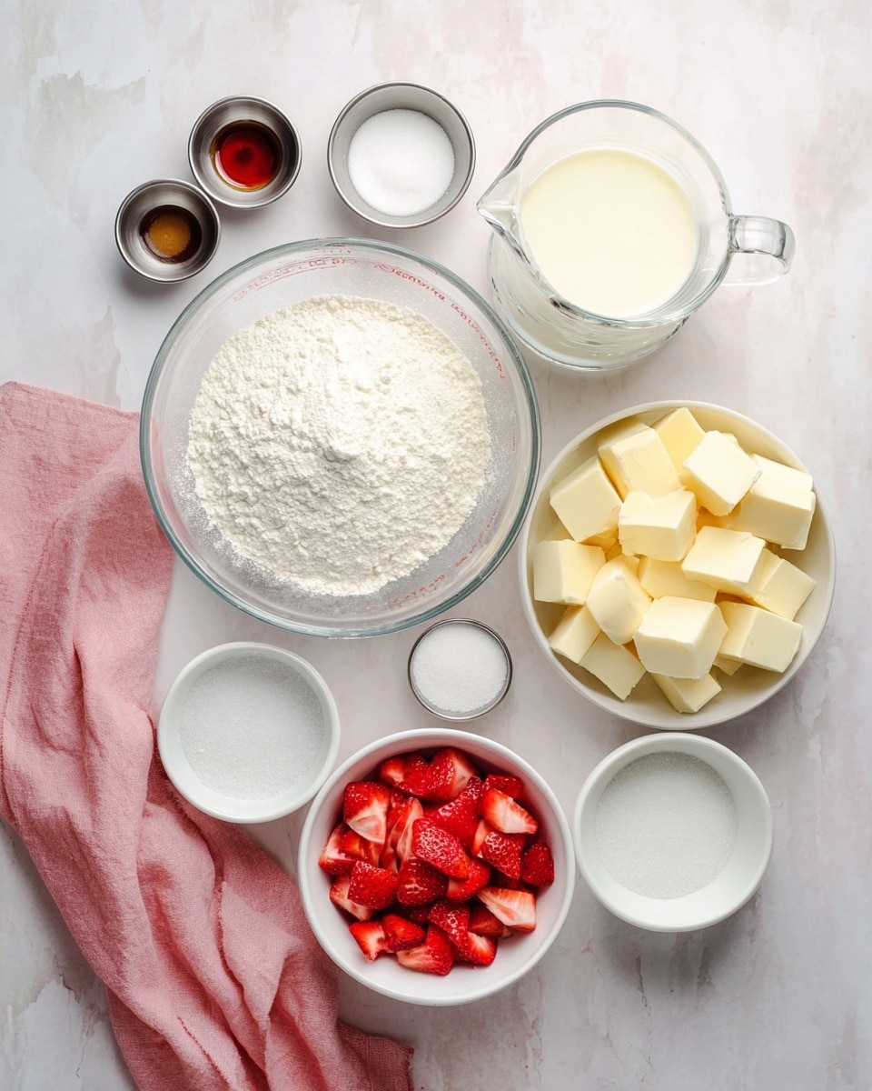 The image shows a top view of baking ingredients neatly arranged on a white marbled surface. There are seven small metal bowls containing white sugar, salt, baking powder, and vanilla extract. A large clear glass bowl holds white flour with a slight indentation in the center. A white bowl is filled with pale yellow cubes of butter, while another white bowl contains bright red chopped strawberries. A clear measuring jug with a handle is filled almost to the top with a creamy white liquid. A soft pink cloth is casually folded on the bottom left corner of the image. The overall scene is clean, bright, and organized. photo taken with an iphone --ar 4:5 --v 7