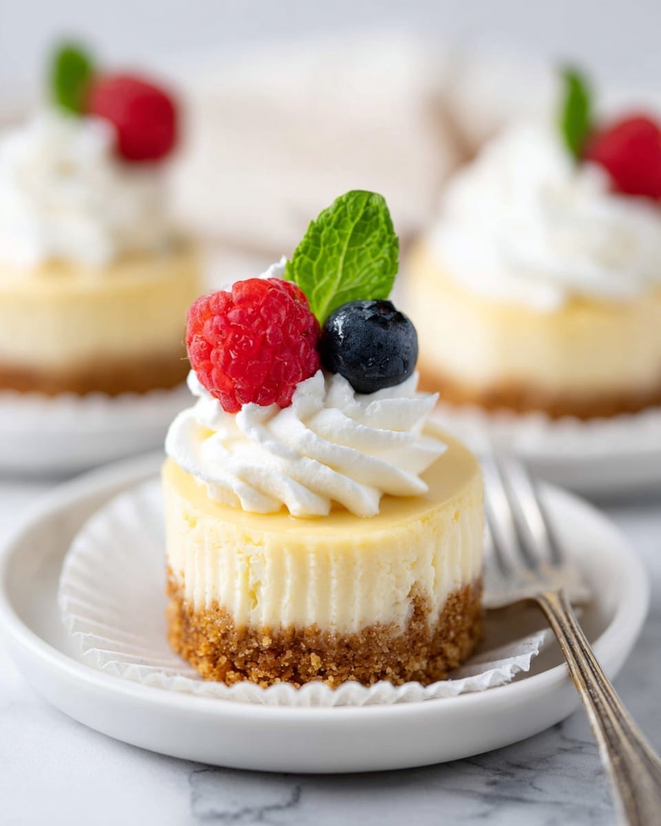 A small cheesecake with two clear layers sits on a white plate over a white marbled surface. The bottom layer is a light brown, crumbly crust that looks crunchy. The top layer is thick, creamy, and pale yellow. On top of the cheesecake is a swirl of smooth white whipped cream, decorated with a bright red raspberry, a dark blue blueberry, and a fresh green mint leaf. The cheesecake is partly wrapped in a white paper liner, with a silver fork resting nearby. In the background, blurred versions of the same cheesecake are visible, creating a soft and inviting look. Photo taken with an iphone --ar 4:5 --v 7