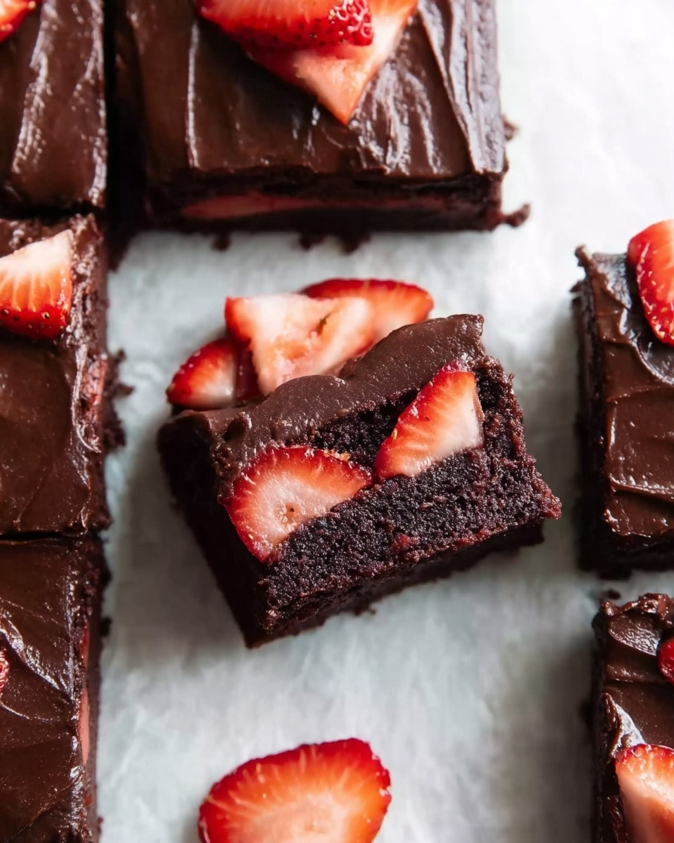 The image shows several square pieces of chocolate cake with a smooth, thick dark chocolate frosting on top. One piece is lifted by a woman's hand and reveals a layer of fresh sliced strawberries between the dense chocolate cake and the rich frosting. The cake looks moist and dark brown, while the frosting is shiny and evenly spread. The white marbled surface underneath adds a clean and bright contrast, and some of the strawberry slices are visible on the side of the lifted piece. Photo taken with an iphone --ar 4:5 --v 7