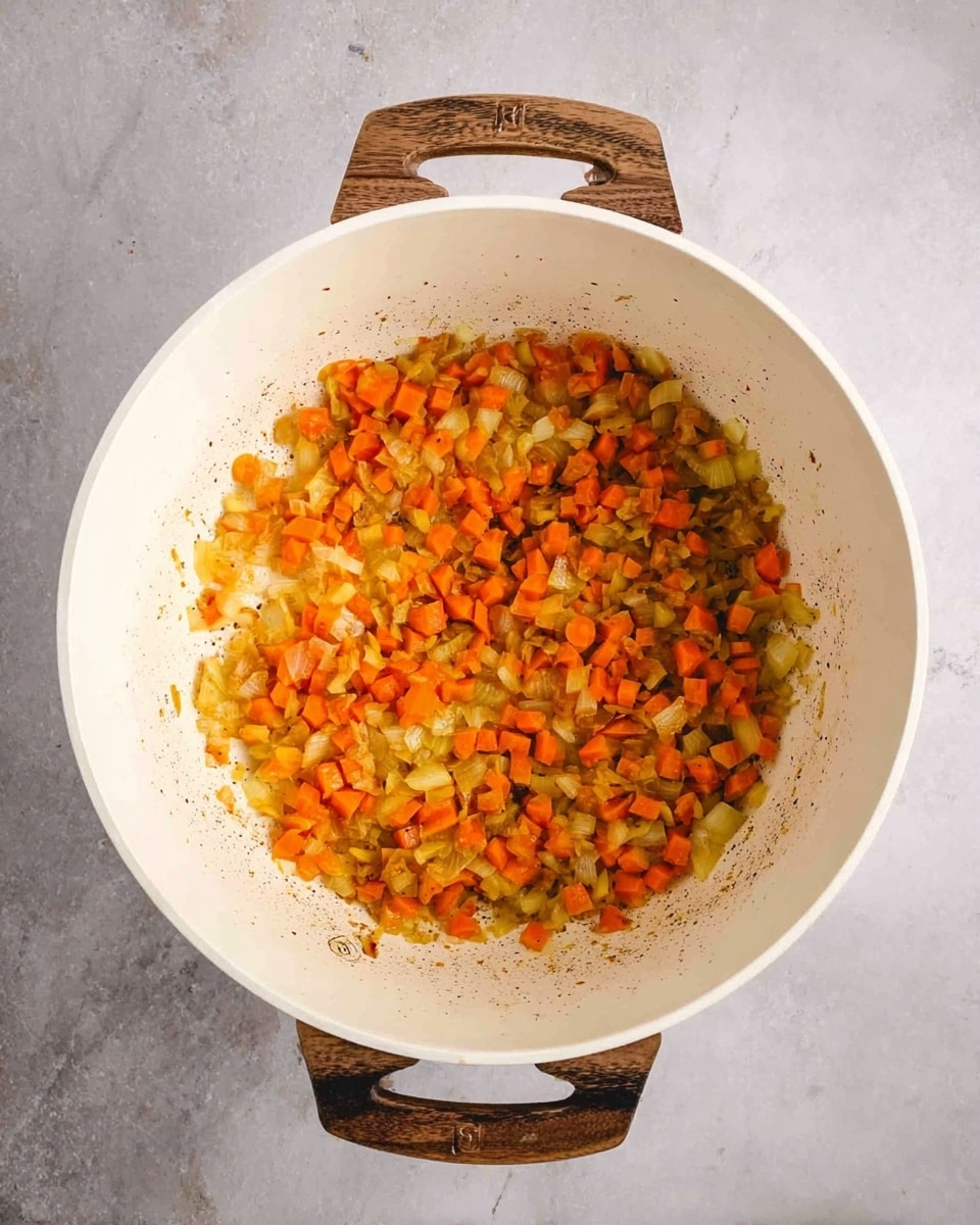 A white pot with wooden handles sits on a white marbled surface, filled with a single layer of small diced vegetables. The vegetables include evenly mixed bright orange carrots and pale yellow onions, showing a slightly soft texture and light caramelization at the edges. The colors blend together to form a warm, inviting mix with hints of browning where the vegetables have cooked more. Photo taken with an iphone --ar 4:5 --v 7