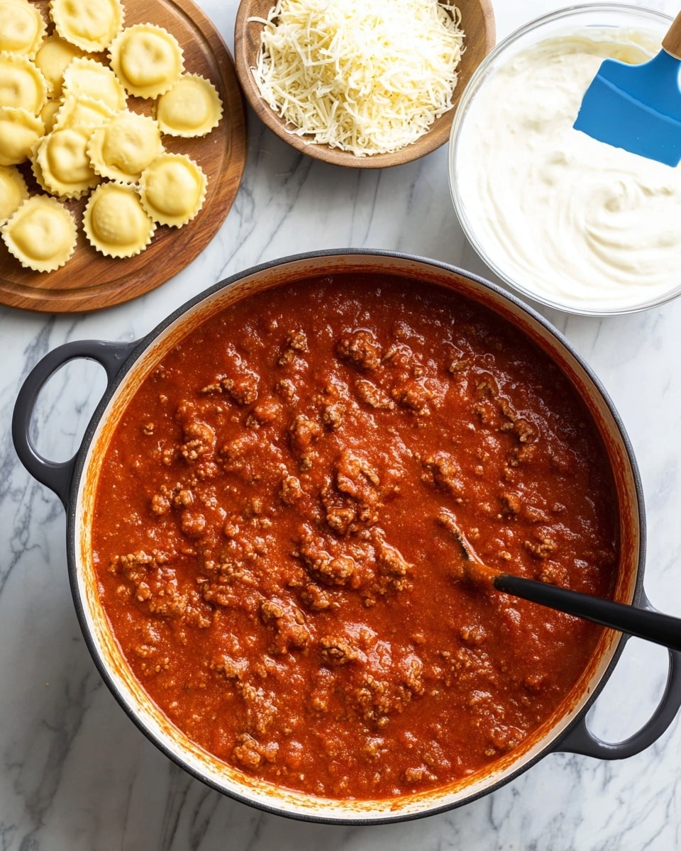 A large black handled pot filled with thick red meat sauce with small meat pieces and a black spoon resting inside. To the top left of the pot is a wooden board with a pile of fresh round yellow ravioli and some shredded white cheese. To the top right is a white bowl with thick white creamy sauce, a blue spatula resting in it. The pot and bowls sit on a white marbled surface. photo taken with an iphone --ar 4:5 --v 7