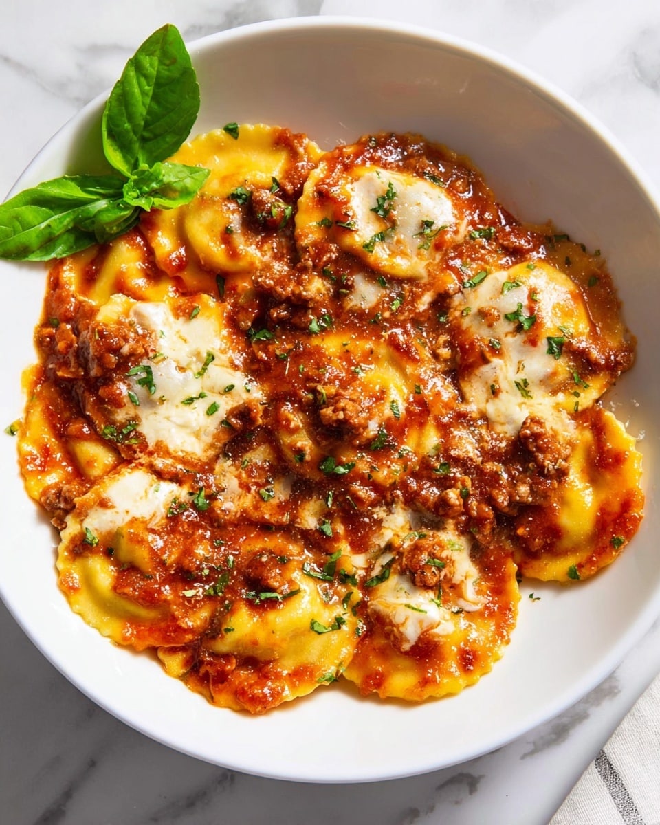 The dish is served in a white bowl placed on a white marbled surface. It has one main layer of round ravioli pieces covered with a rich red tomato sauce mixed with small bits of browned meat. There are patches of melted white cheese scattered on top, adding creamy texture. The ravioli is sprinkled lightly with green herbs, and a fresh green basil leaf is placed on the edge of the bowl for garnish. The colors are warm and inviting, with contrasts between the red sauce, yellow pasta, white cheese, and green basil. Photo taken with an iphone --ar 4:5 --v 7
