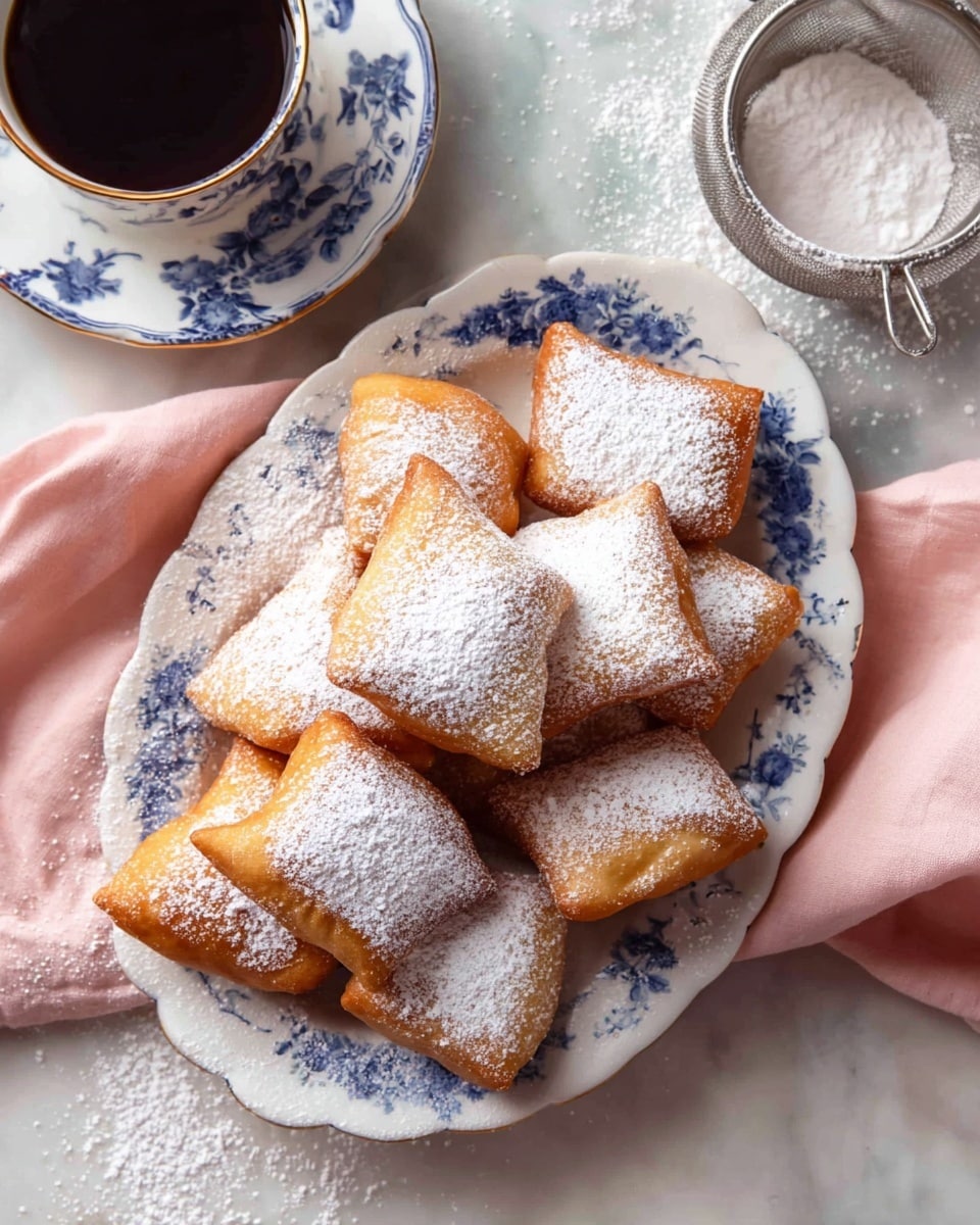 A white oval plate with blue floral patterns holds a pile of about twelve square-shaped fried dough pieces. Each piece is golden brown with a light, crispy texture and is generously dusted with white powdered sugar on top. The plate rests on a soft pink cloth on a white marbled surface, which is also lightly dusted with powdered sugar. Next to the plate is a silver sifter partially filled with powdered sugar, and a cup of black coffee in a white cup with blue floral designs is seen in the upper left corner. photo taken with an iphone --ar 4:5 --v 7