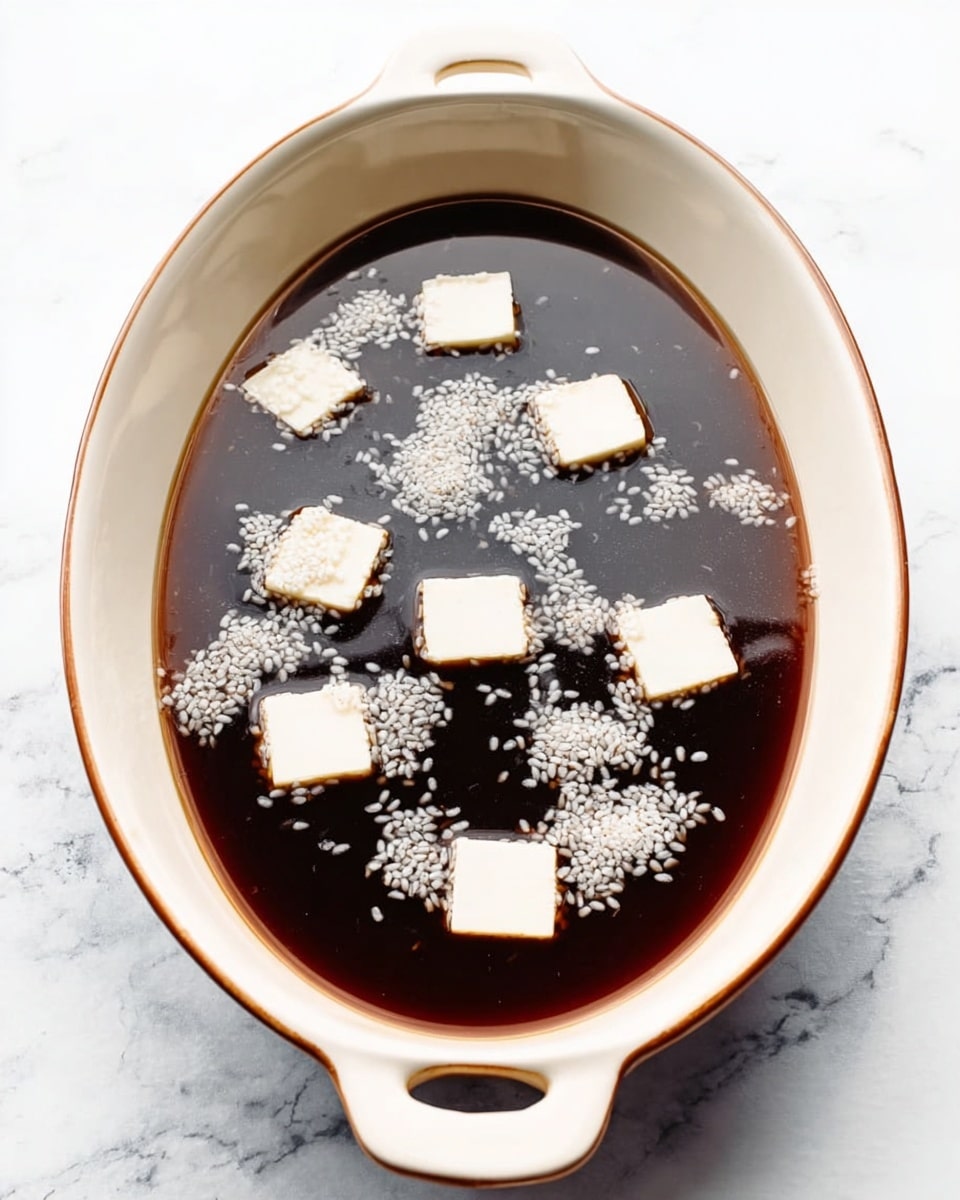 An oval white bowl with two side handles filled with dark brown liquid. On the surface, there are eight white square blocks evenly placed and scattered white rice grains around them, floating in the liquid. The bowl is on a white marbled surface. photo taken with an iphone --ar 4:5 --v 7