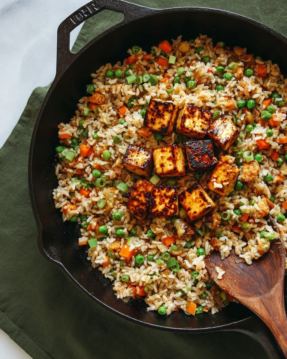 A black cast iron pan holds three layers of food sitting on a green cloth over a white marbled surface. The bottom layer is a mix of cooked brown rice and small chopped vegetables including bright orange carrots, green peas, and green onion pieces, giving a mix of light brown, orange, and green colors. On top, there are three small piles of grilled tofu cubes that are golden brown with dark grilled marks, placed near the center. A wooden spoon partly under the tofu is stirring the rice mix, showing the texture of the grains and vegetables clearly. photo taken with an iphone --ar 4:5 --v 7