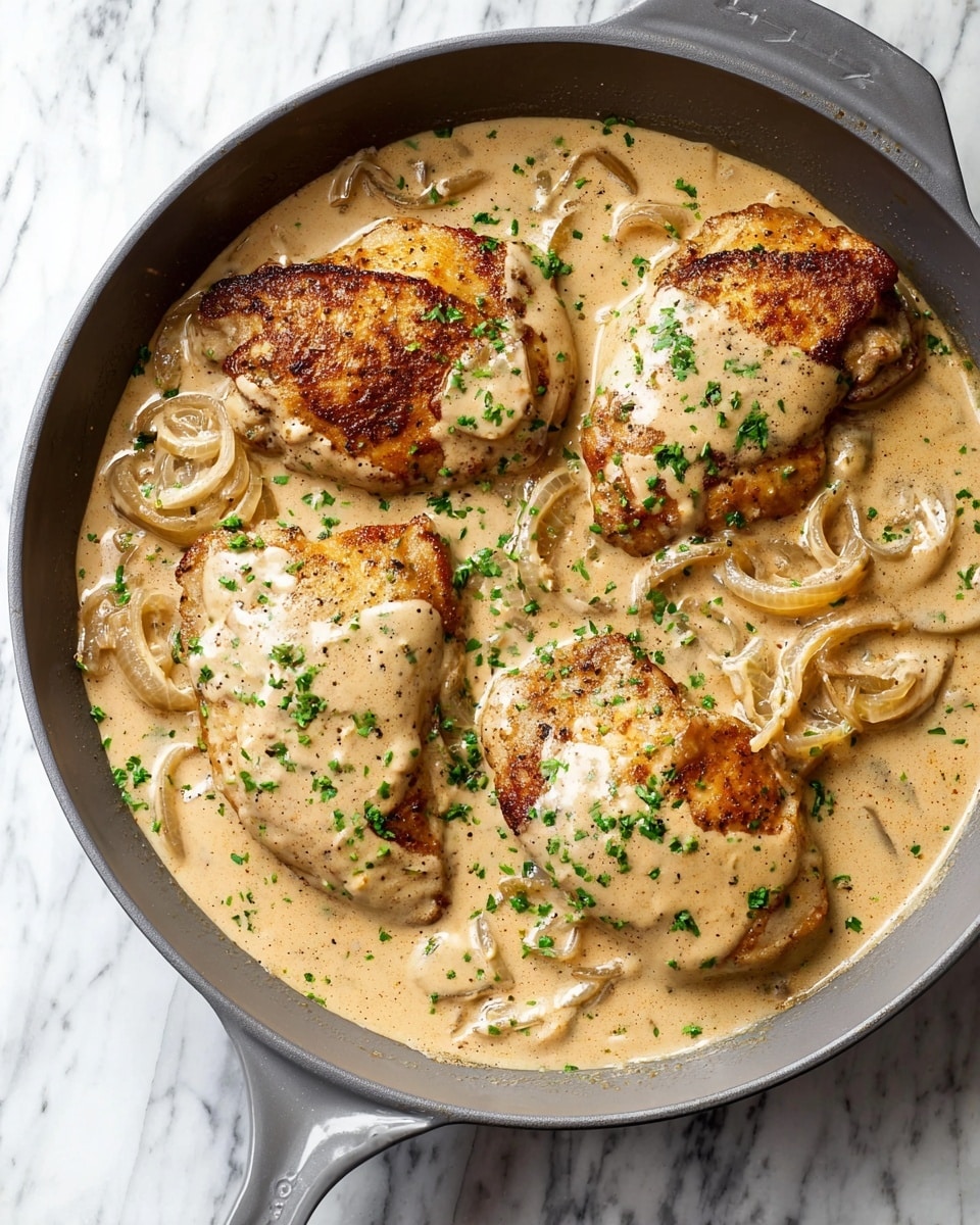 A gray handled skillet filled with four browned chicken pieces partly covered with a thick, creamy light tan sauce with visible slices of light brown onions throughout. The sauce has small specks of black pepper and chopped green herbs sprinkled on top and around in the skillet. The skillet sits on a white marbled surface. photo taken with an iphone --ar 4:5 --v 7