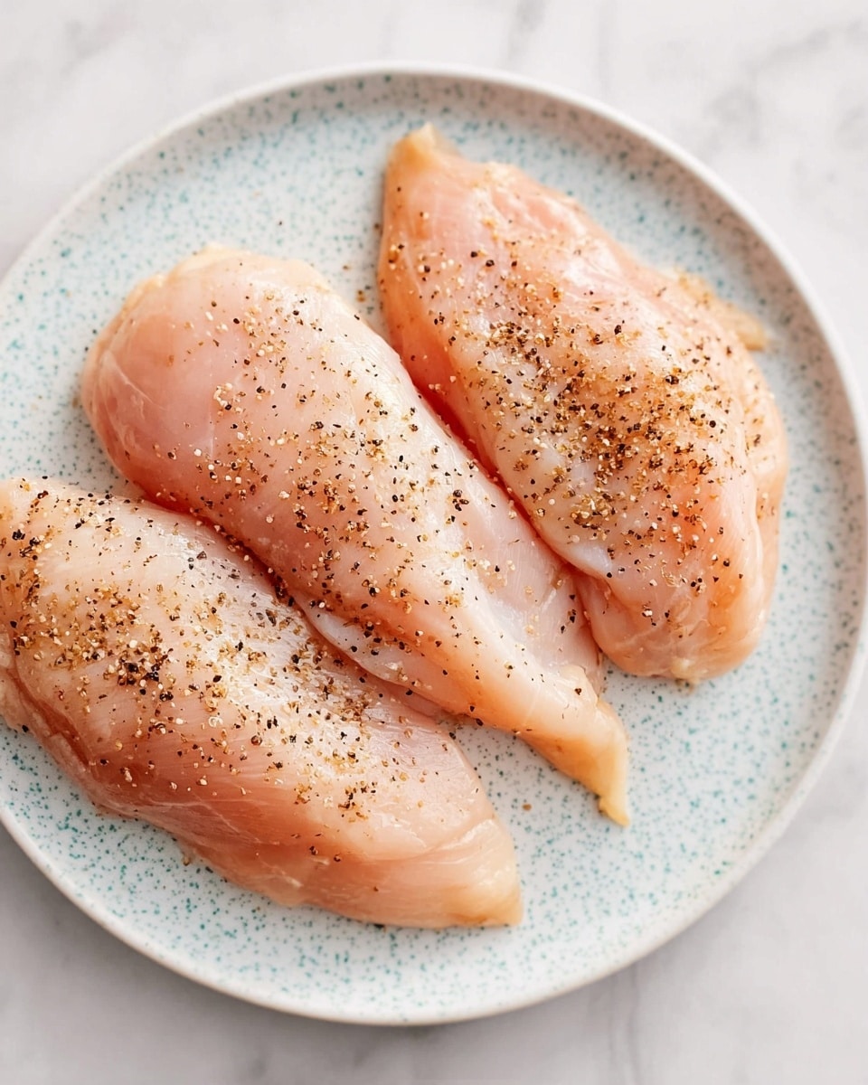 Three raw chicken pieces are placed side by side on a white plate with a light blue speckled pattern. Each chicken piece is light pink and sprinkled with a layer of coarse black pepper and light-colored seasoning evenly spread across the top surfaces. The texture of the chicken is smooth with slight natural folds and soft edges. The plate sits on a white marbled surface. photo taken with an iphone --ar 4:5 --v 7