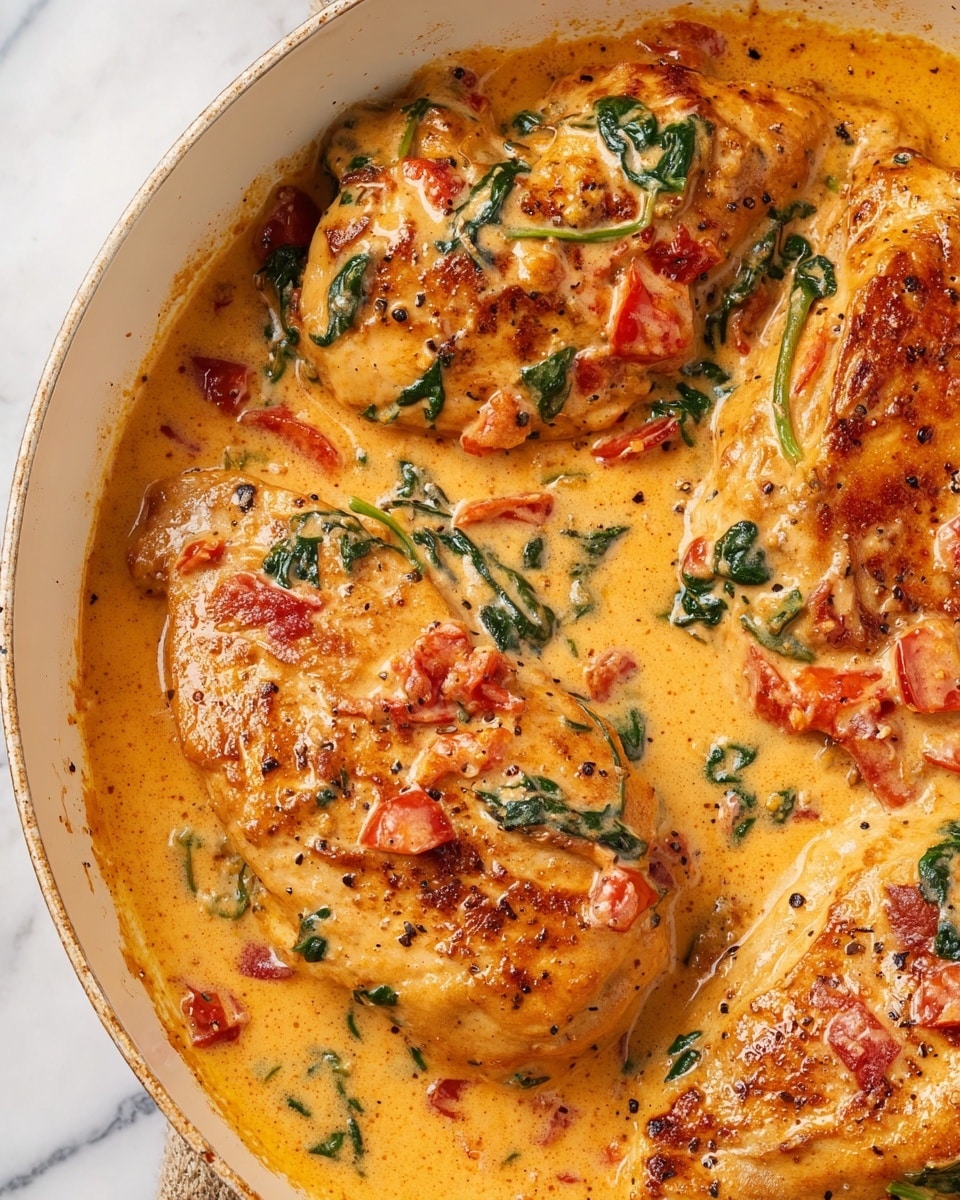 The image shows a close-up of a white pan filled with four pieces of cooked chicken, each with a golden brown, slightly crispy surface. The chicken is covered with a thick, creamy orange sauce that has visible small chunks of red tomatoes and green spinach leaves mixed in. The sauce clings to the chicken and pools around the edges, showing a smooth yet textured consistency with specks of black pepper. The background is a white marbled surface. photo taken with an iphone --ar 4:5 --v 7