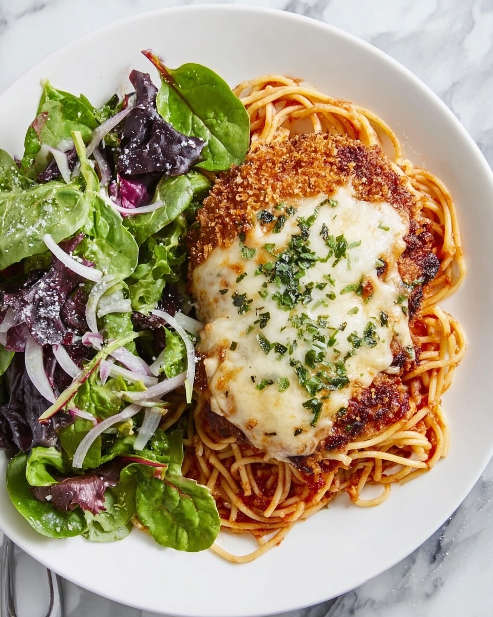 A white round plate shows a meal with three layers: the bottom layer is golden spaghetti noodles coated lightly in red sauce, the middle layer is a golden brown crispy patty, and the top layer is melted white cheese sprinkled with chopped green herbs. On the left side of the plate, there is a fresh salad with dark green spinach leaves, purple and green mixed lettuce, and thin red onion slices. The plate is set on a white marbled surface. photo taken with an iphone --ar 4:5 --v 7