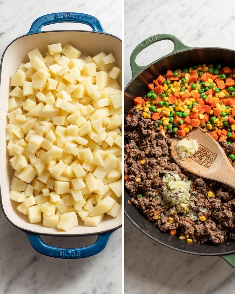 The image shows two cooking pans placed on a white marbled surface. On the left, there is a white rectangular pan with blue handles filled with small, evenly cut cubes of pale yellow potatoes spread in a single layer. On the right, there is a black pan with a green handle containing cooked ground beef mixed with small bits of translucent cooked onions, topped with a colorful layer of frozen mixed vegetables including orange carrot cubes, green beans, yellow corn, and small green peas, along with a small mound of minced garlic. A wooden spoon with an engraved design rests on the mixed vegetables inside the pan. photo taken with an iphone --ar 4:5 --v 7