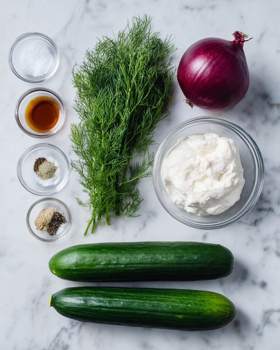 The image shows ingredients for a fresh cucumber yogurt salad laid out on a white marbled surface. Two long, dark green cucumbers are placed side by side at the bottom. Above them, a bunch of bright green fresh dill sits in the center. To the right of the dill, a transparent bowl filled with creamy white yogurt and another small clear bowl with brown liquid, likely vinegar, are visible. Above the dill on the left, a deep purple whole onion rests on the surface. Near the top left, there are two small clear bowls containing salt, black pepper, garlic powder, and a small pile of white salt. The scene is well-lit, showing clear, bright colors and textures. Photo taken with an iphone --ar 4:5 --v 7