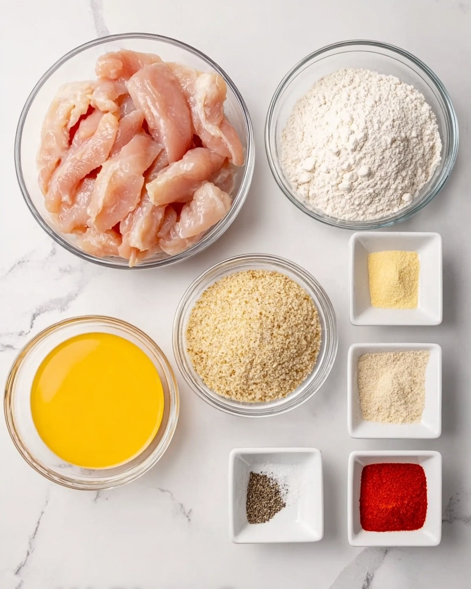 The image shows eight clear glass bowls on a white marbled surface. The largest bowl at the top left holds raw sliced chicken strips, light pink in color and glossy. To the right of it, a bowl filled with white flour. Below the chicken, a bowl with beaten yellow eggs. Next to it, a bowl of light tan breadcrumbs with a coarse texture. On the right, there are four small white square bowls arranged two by two: the top left has black pepper, the top right has a pale yellow powder, the bottom left contains white salt, and the bottom right has bright red paprika powder. photo taken with an iphone --ar 4:5 --v 7